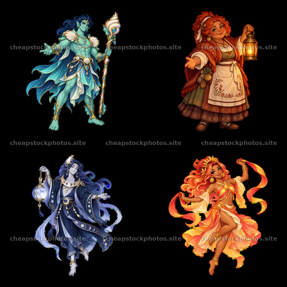 Pagan gods illustrated as friendly characters in a square layout – stock photos 7746x7746