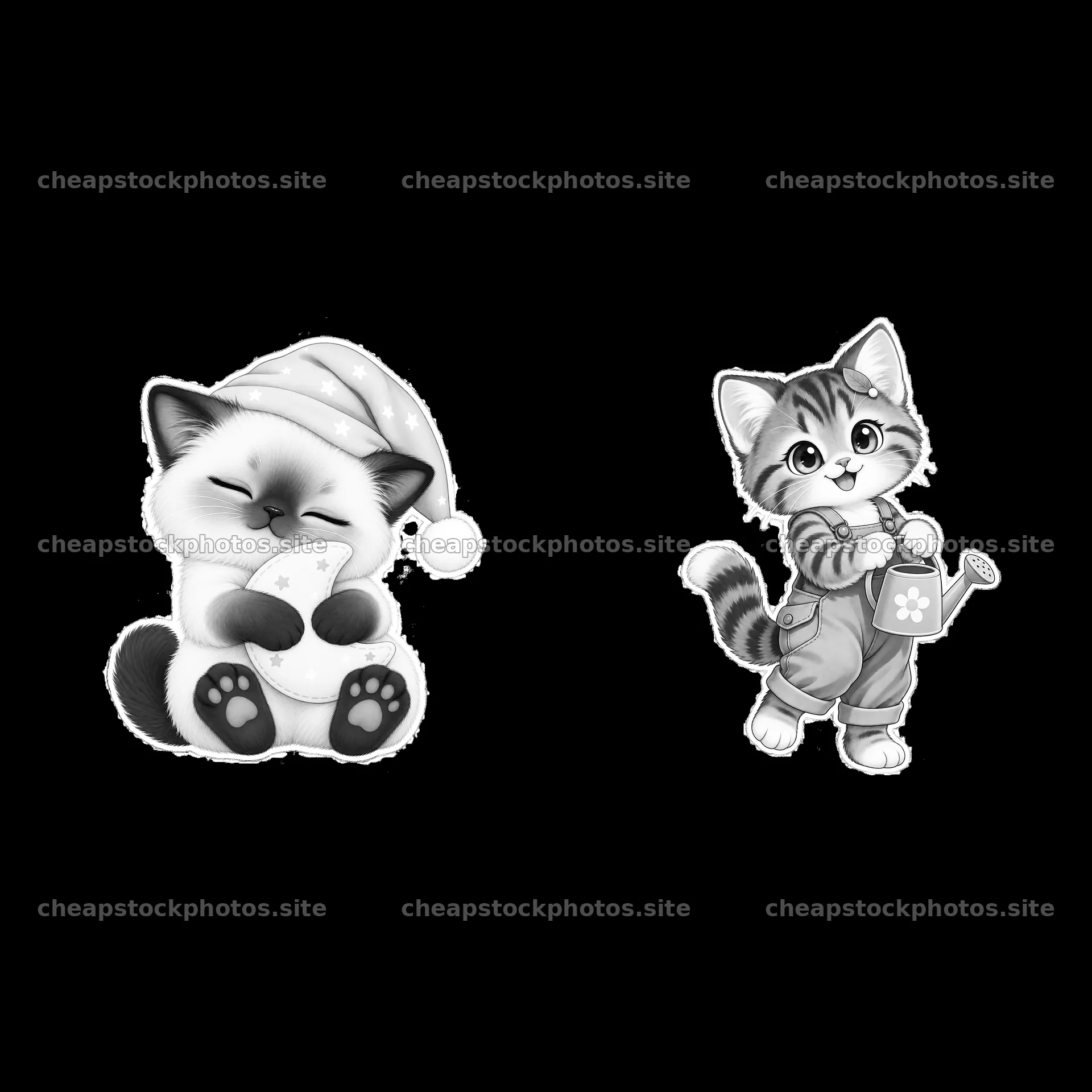 Kawaii cats playing with watering can and snowflake ornament – stock photos 7746x7746