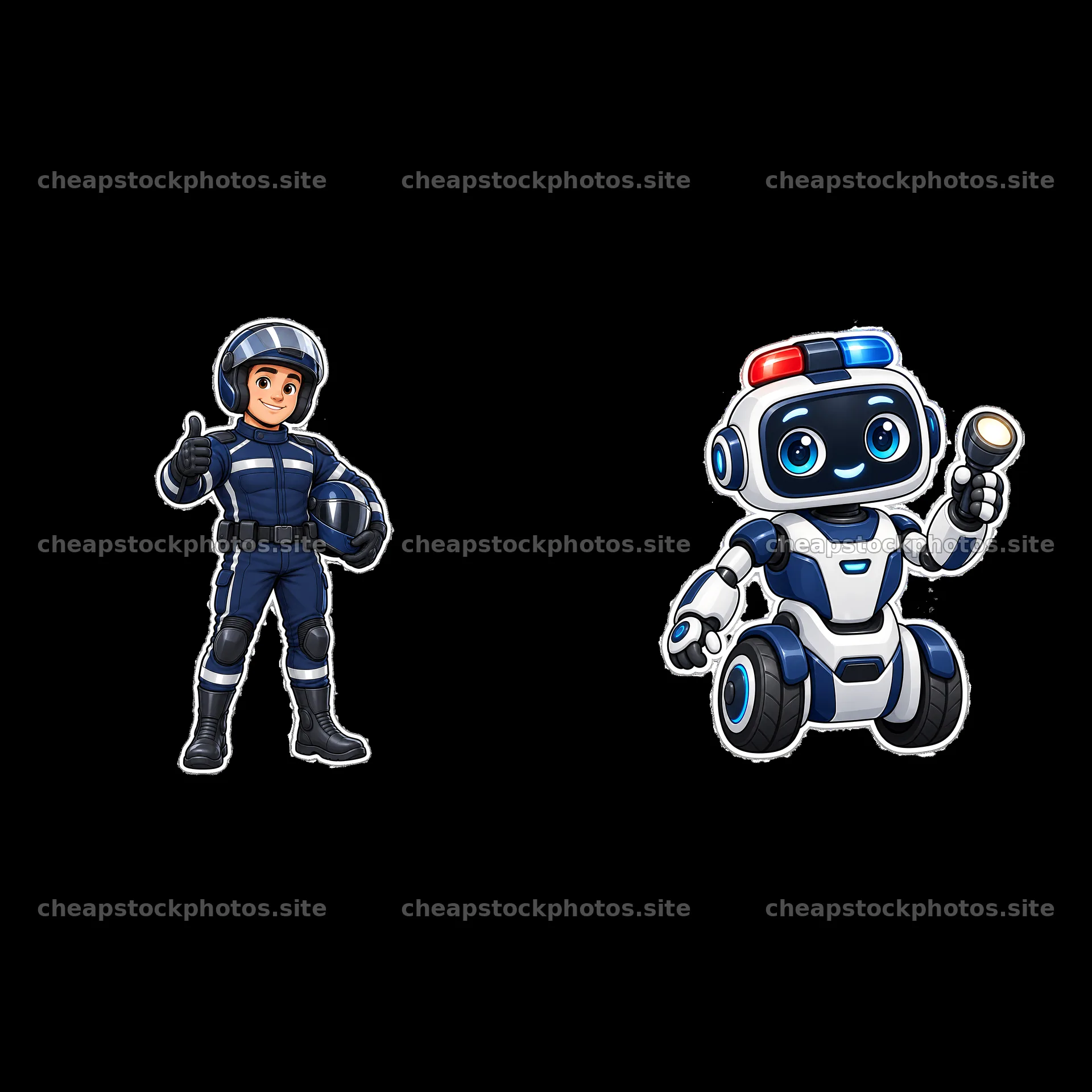 Police officer and friendly robot character both giving thumbs up – stock photos 7746x7746