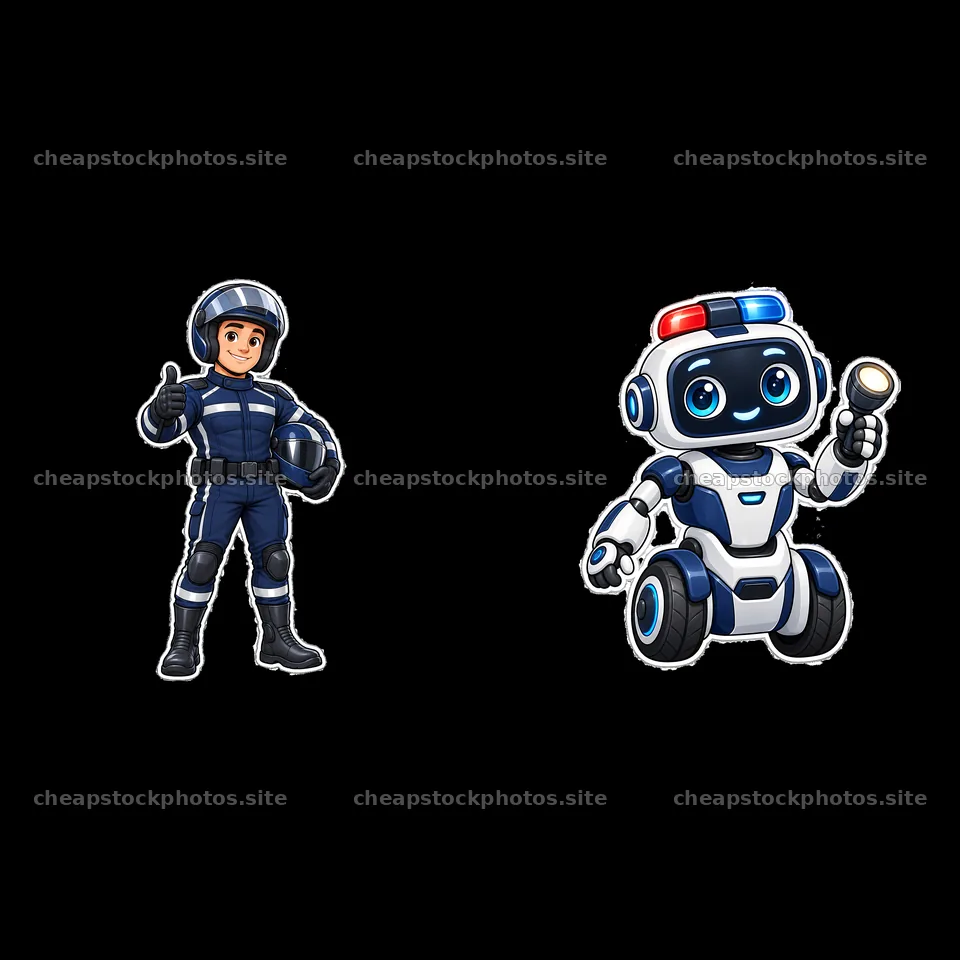Police officer and friendly robot character both giving thumbs up – stock photos 7746x7746