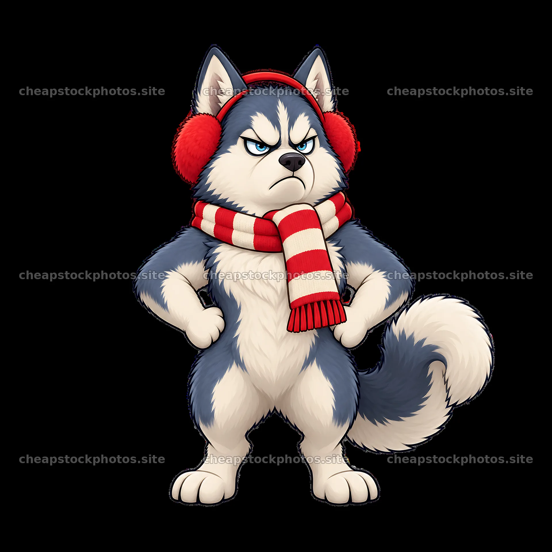 Grumpy dog in red earmuffs and striped scarf stands confidently – stock photos 7746x7746