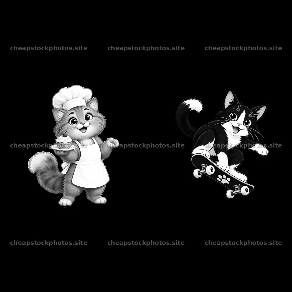 Cat chef holding cupcake and skateboarding cat in black-and-white – stock photos 7746x7746