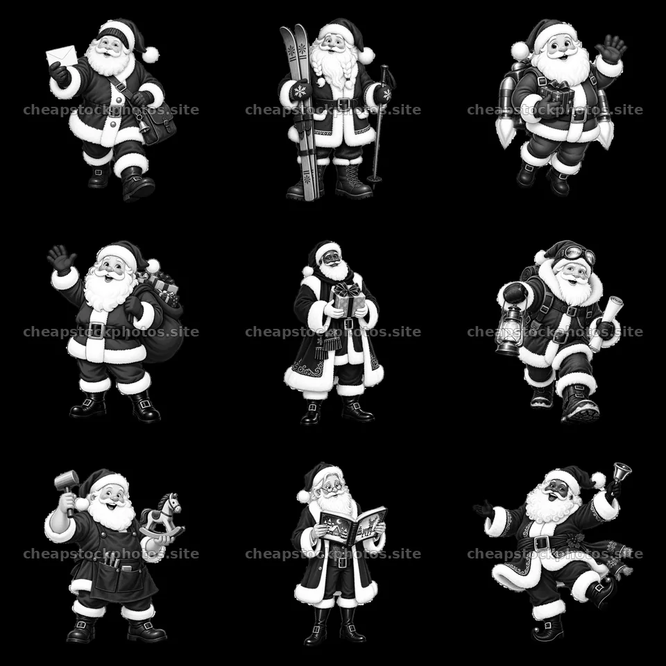 Santa Claus in different scenes with various props in monochrome – stock photos 7746x7746