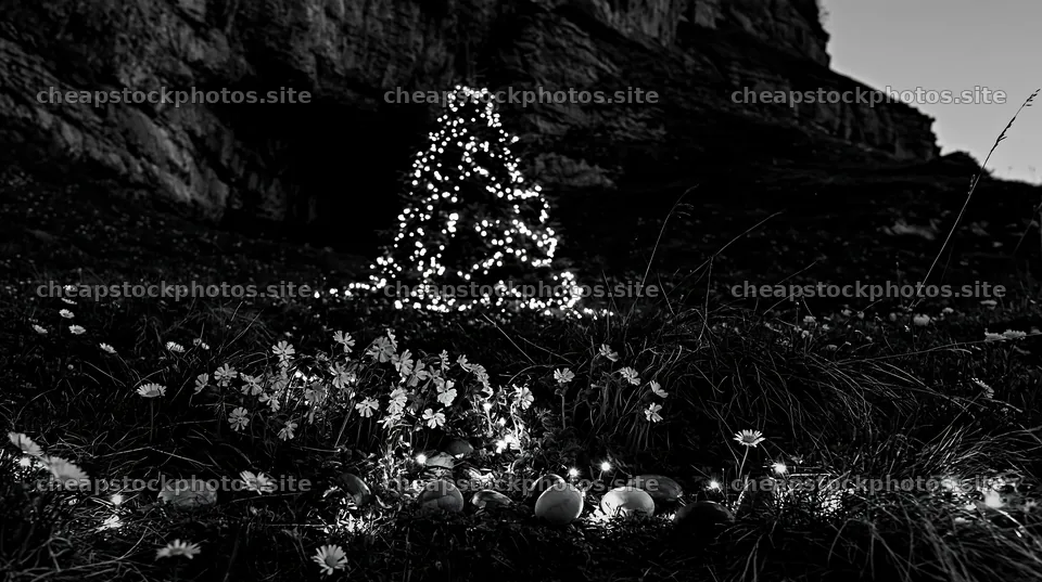 Christmas tree with lights in meadow near cave – stock photos 10608x5938