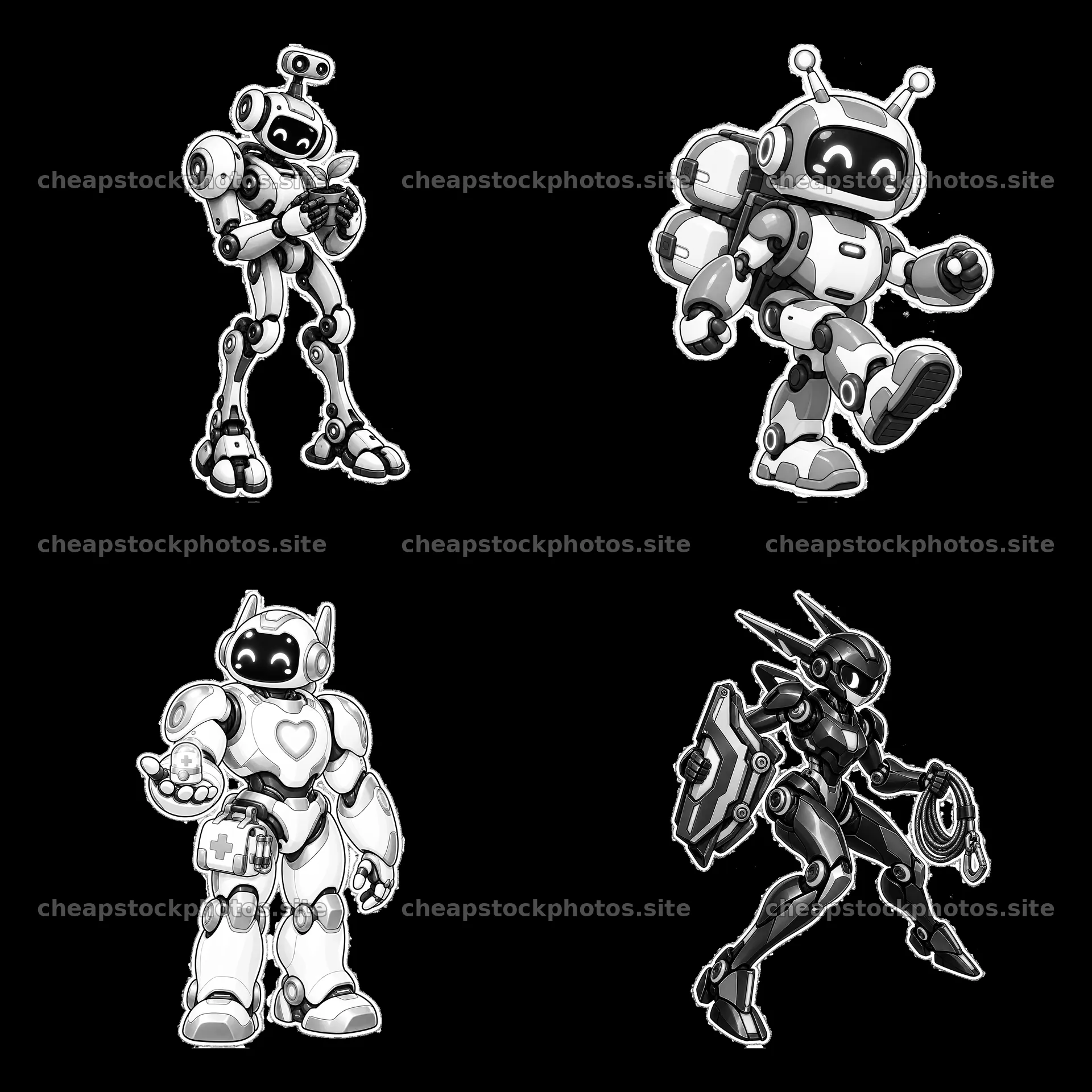 Four cartoon mech robots in a 2x2 arrangement – stock photos 7746x7746
