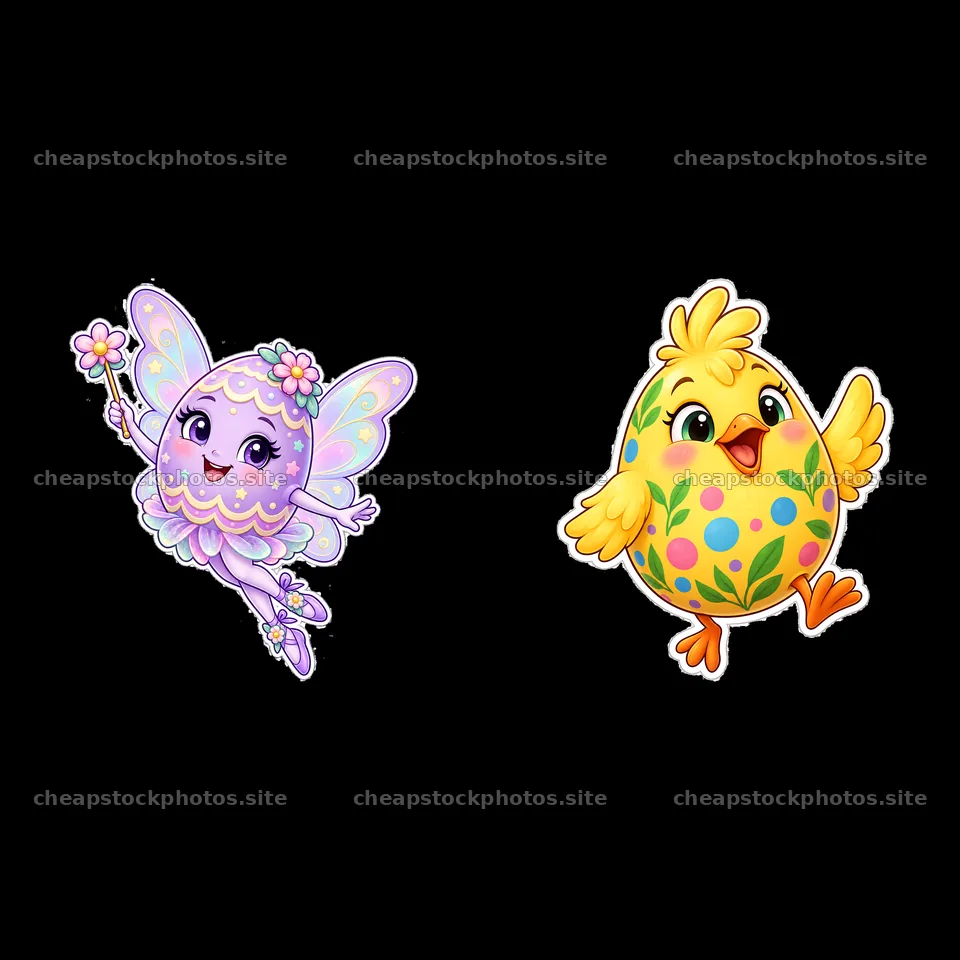 Colorful cartoon fairy and chick with Easter eggs in springtime – stock photos 7746x7746
