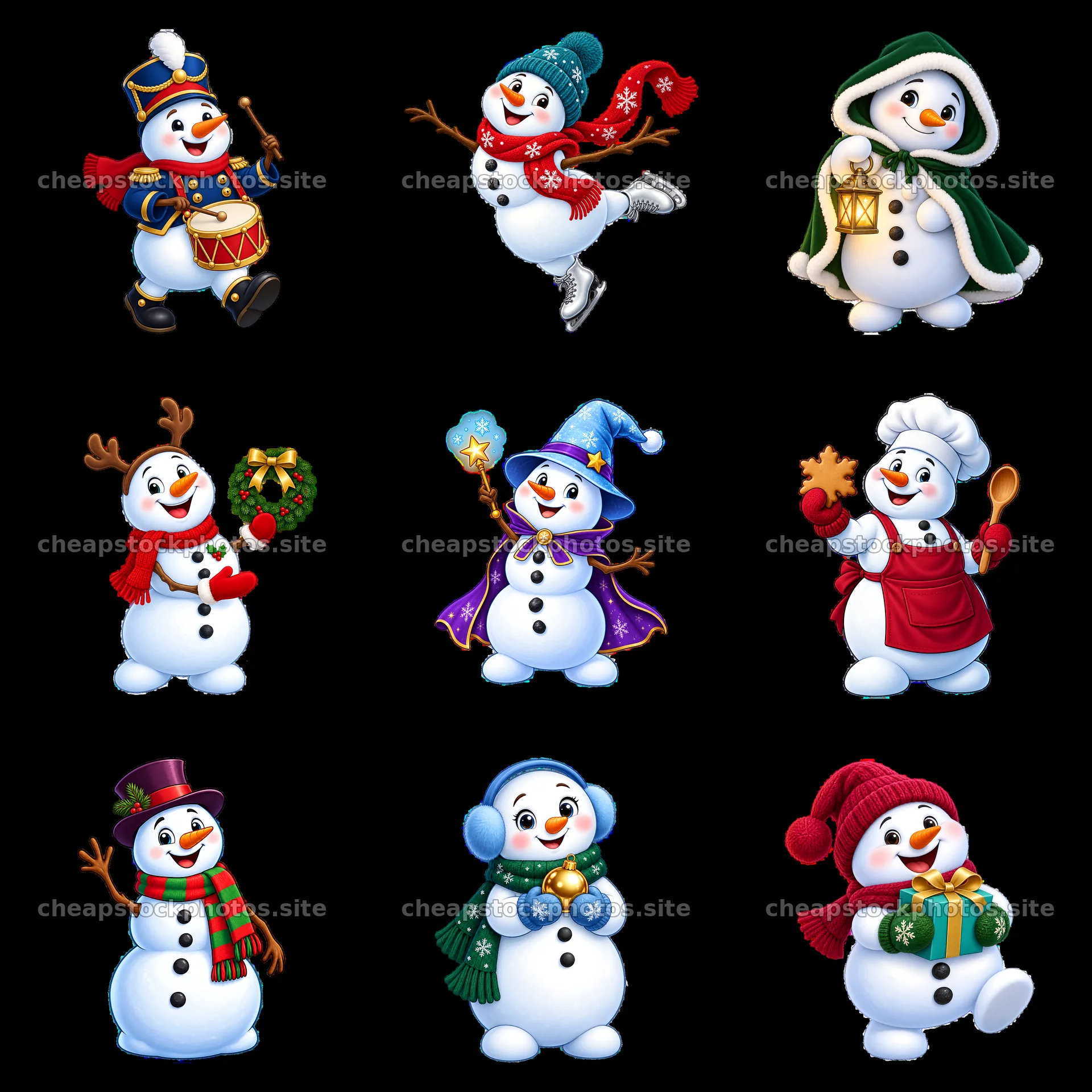 Nine cheerful snowmen in festive Christmas activities – stock photos 7746x7746