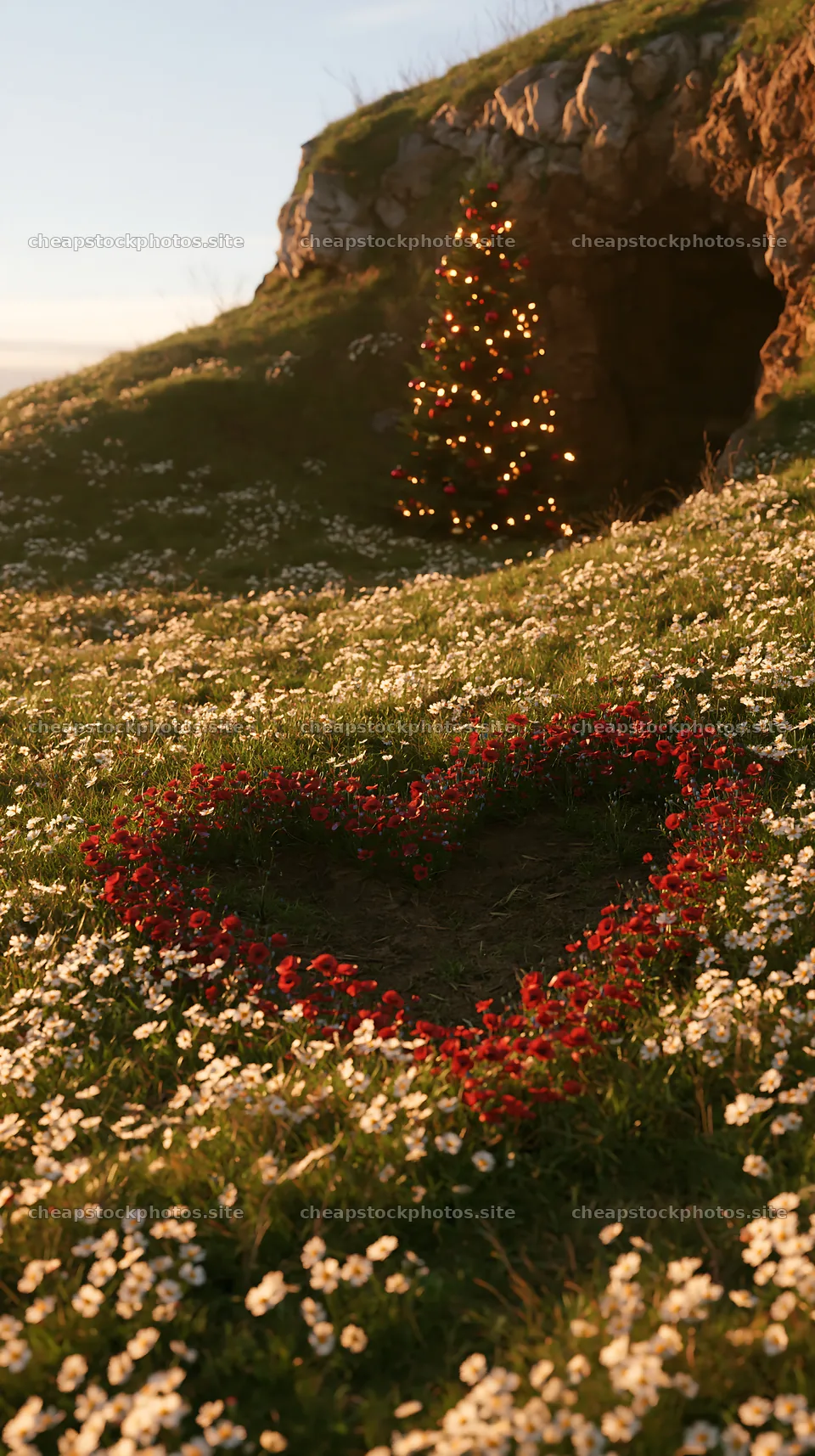 Christmas tree beside cave in meadow with flowers – stock photos 5938x10608