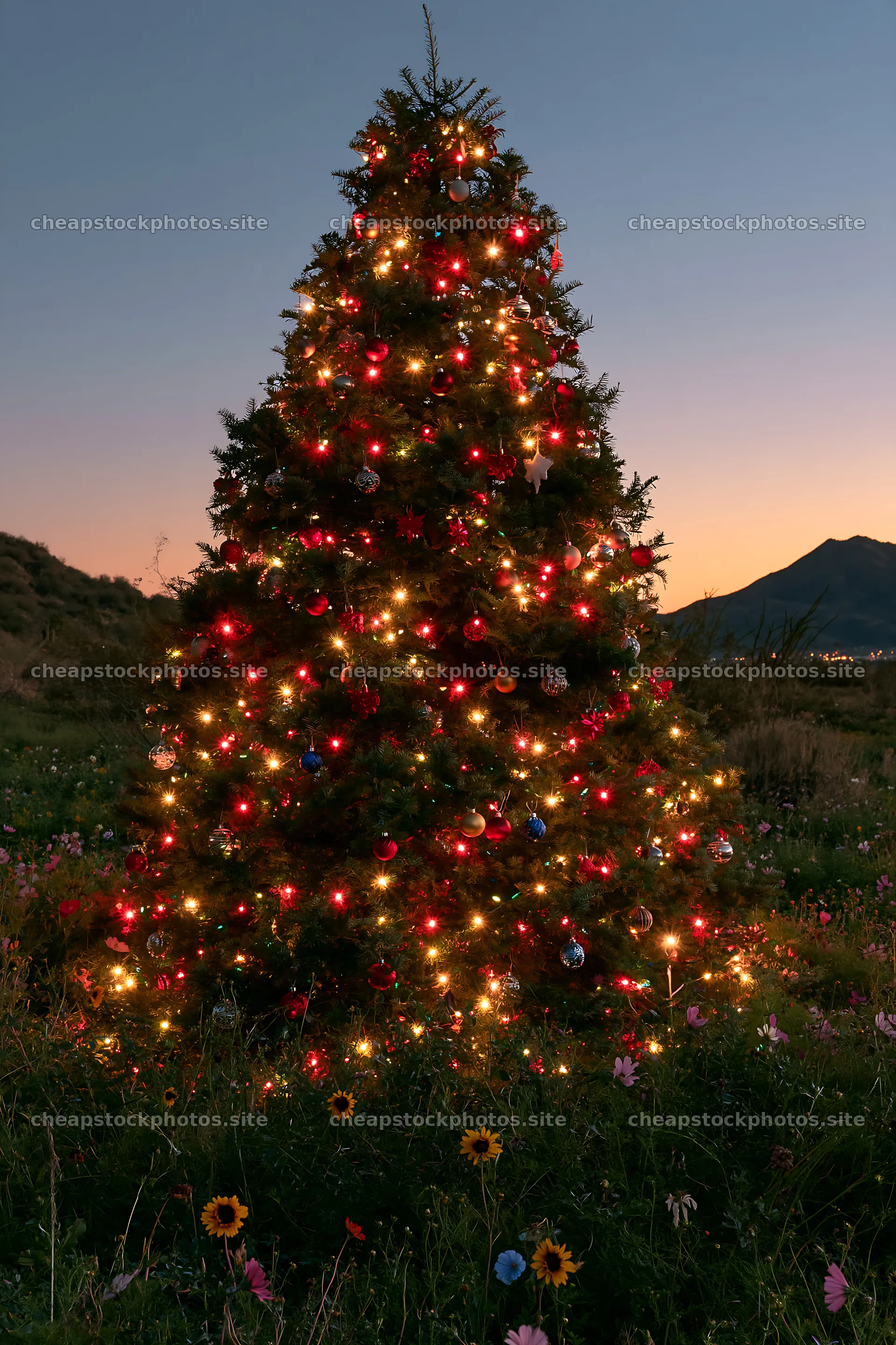 Christmas tree with ornaments in meadow at sunset – stock photos 6480x9722