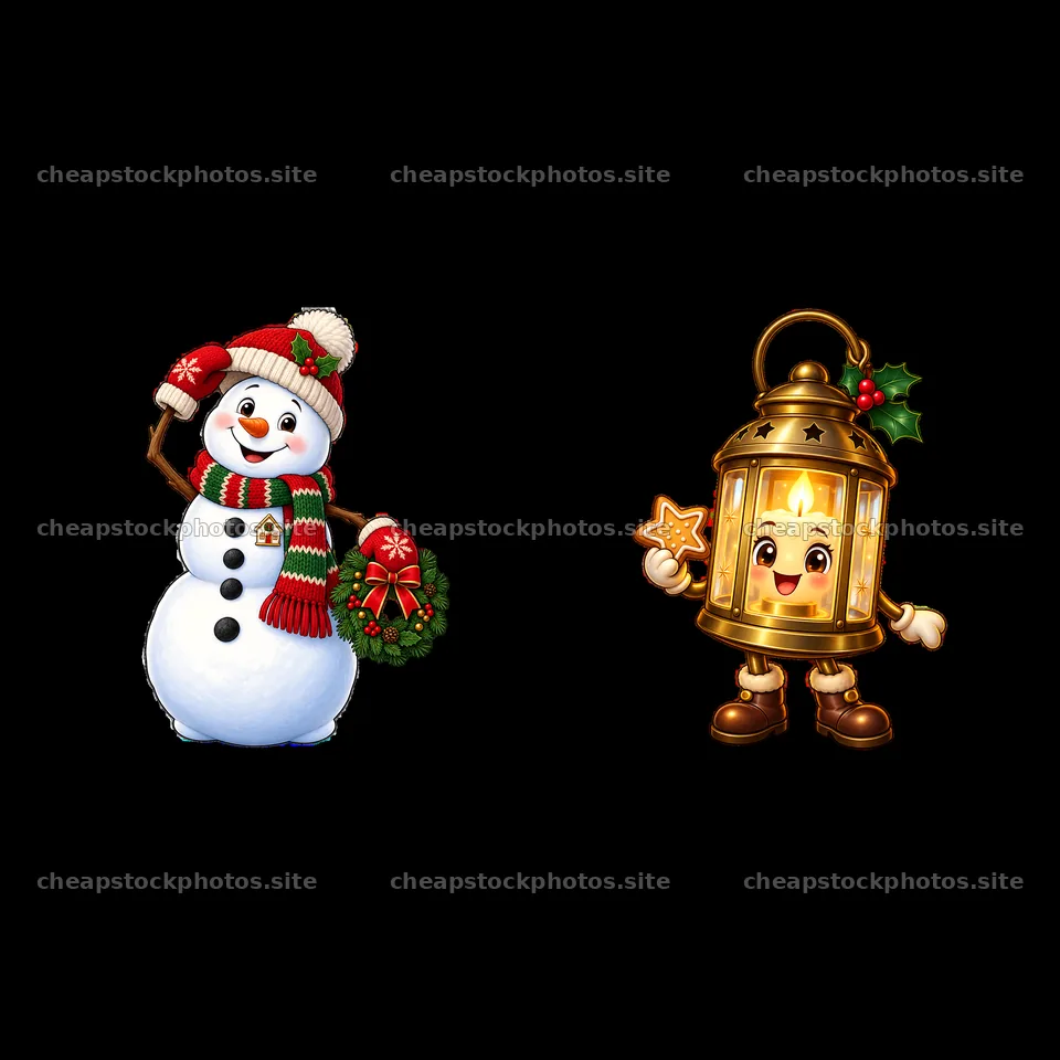 Snowman holding wreath and cheerful lantern character – stock photos 7746x7746