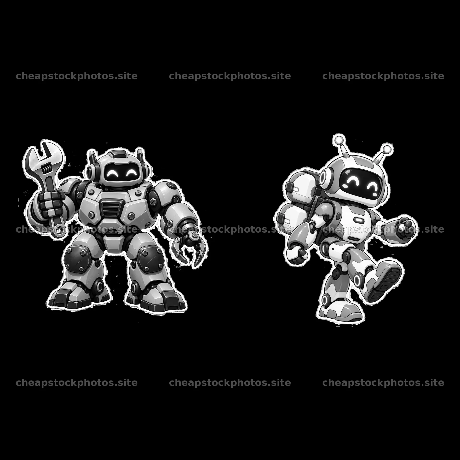 Two mech robots holding tools and accessories in a monochrome style – stock photos 7746x7746