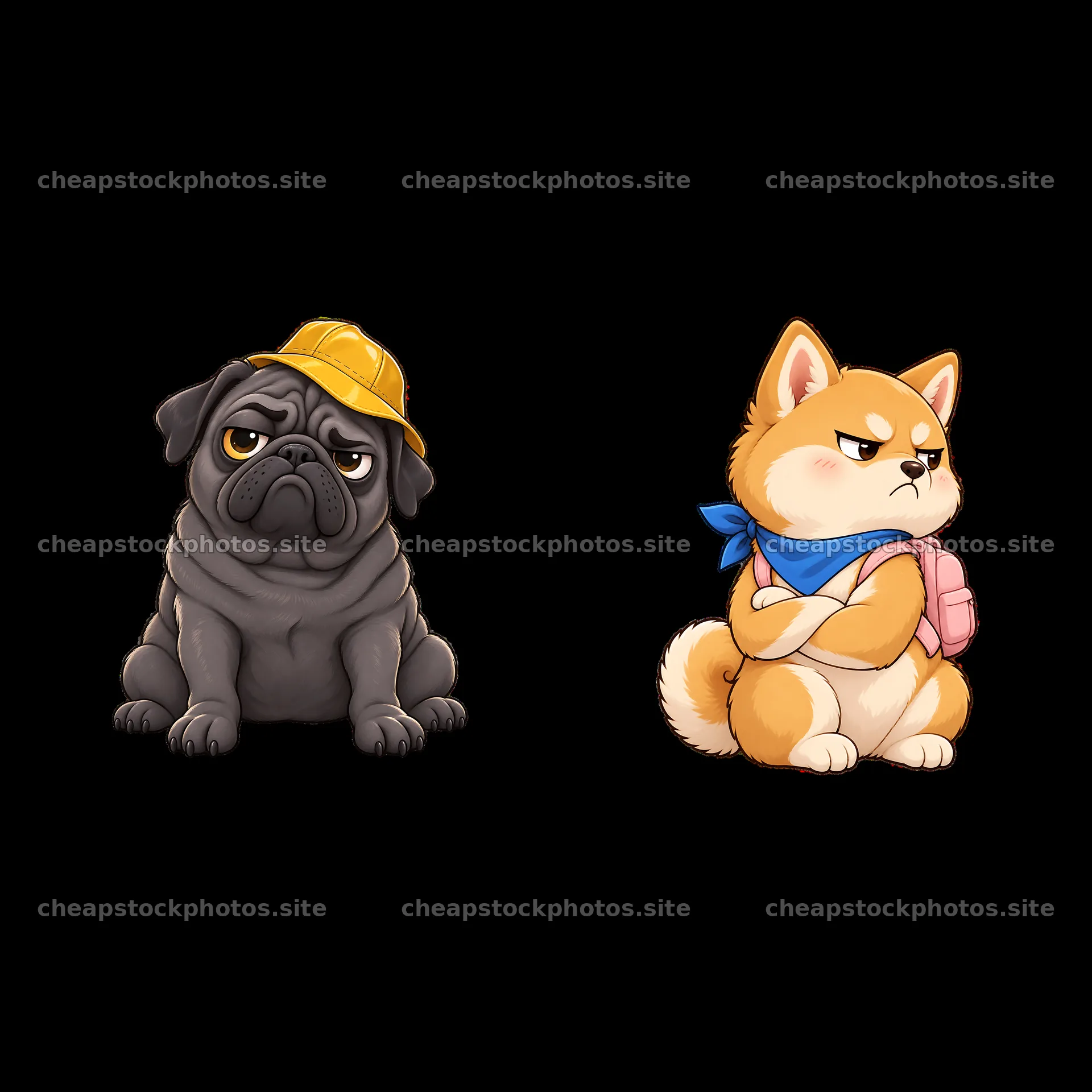 Kawaii grumpy dog duo with hat and backpack in cartoon style – stock photos 7746x7746