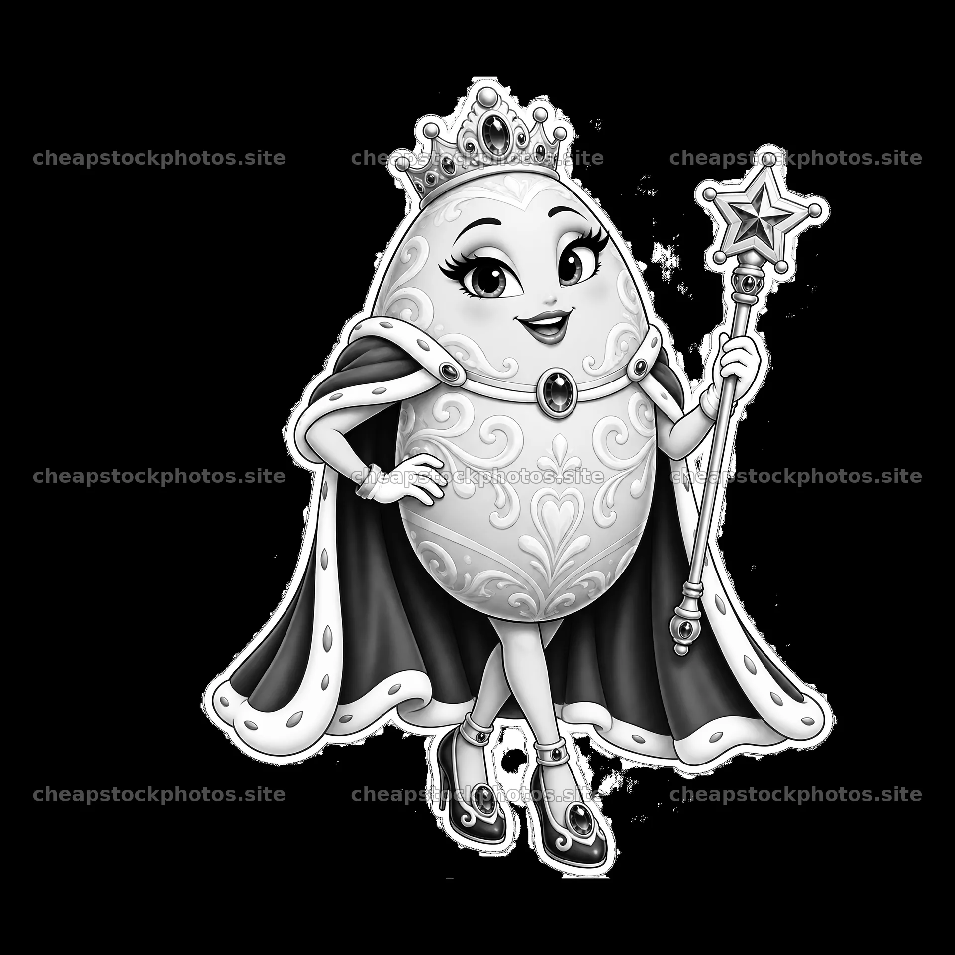 Easter egg character dressed as a queen holding a magic wand – stock photos 7746x7746