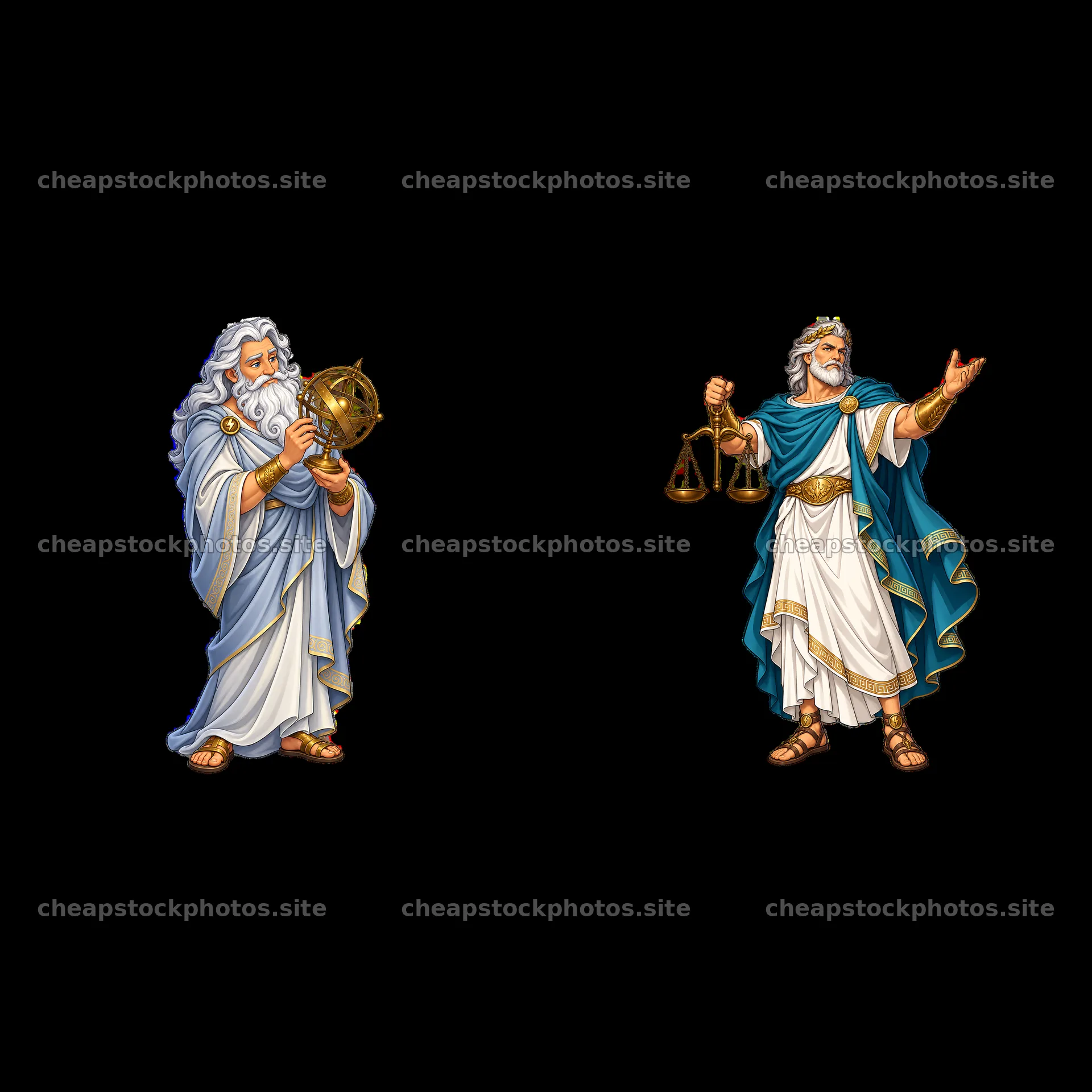 Zeus holding a globe and another figure with scales – stock photos 7746x7746