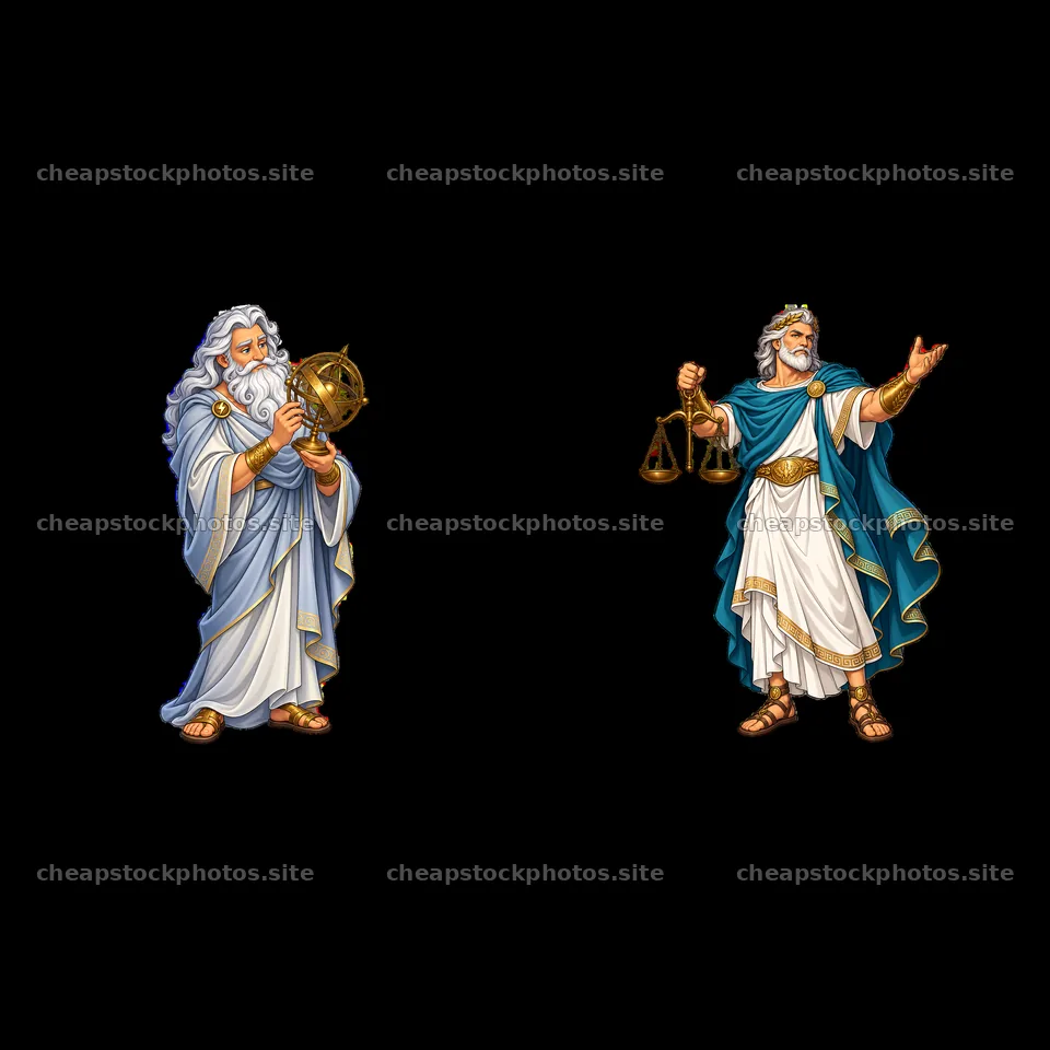 Zeus holding a globe and another figure with scales – stock photos 7746x7746