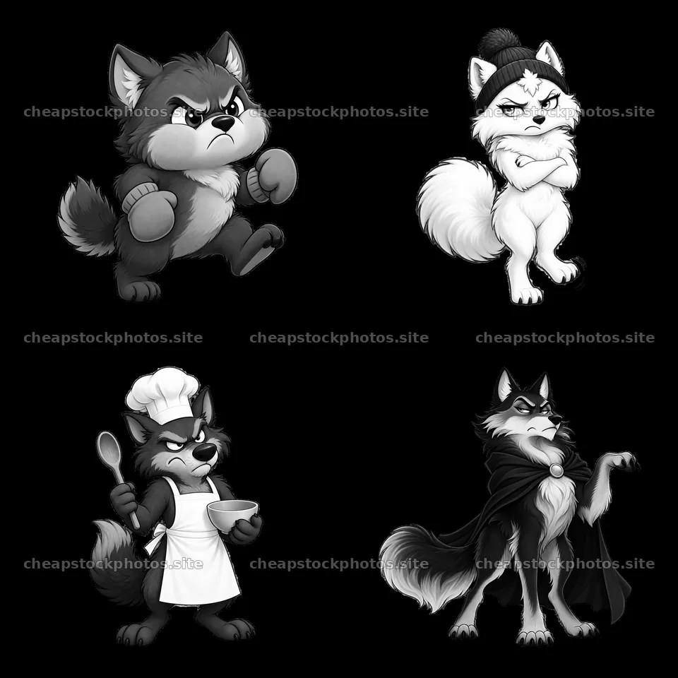 Grumpy wolf cartoon characters in various poses and actions – stock photos 7746x7746