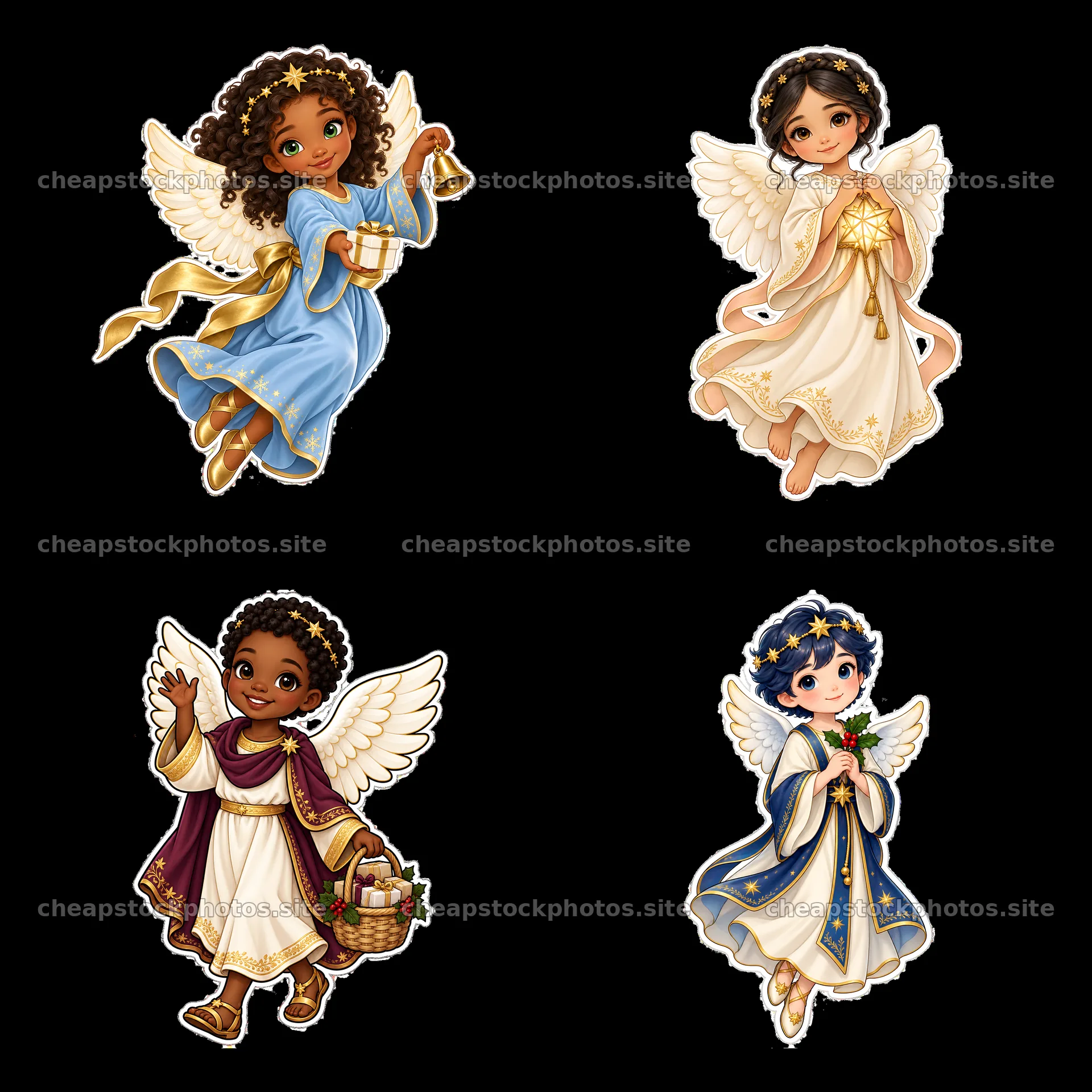 Christ Child with gifts in four cheerful cartoon sticker designs – stock photos 7746x7746