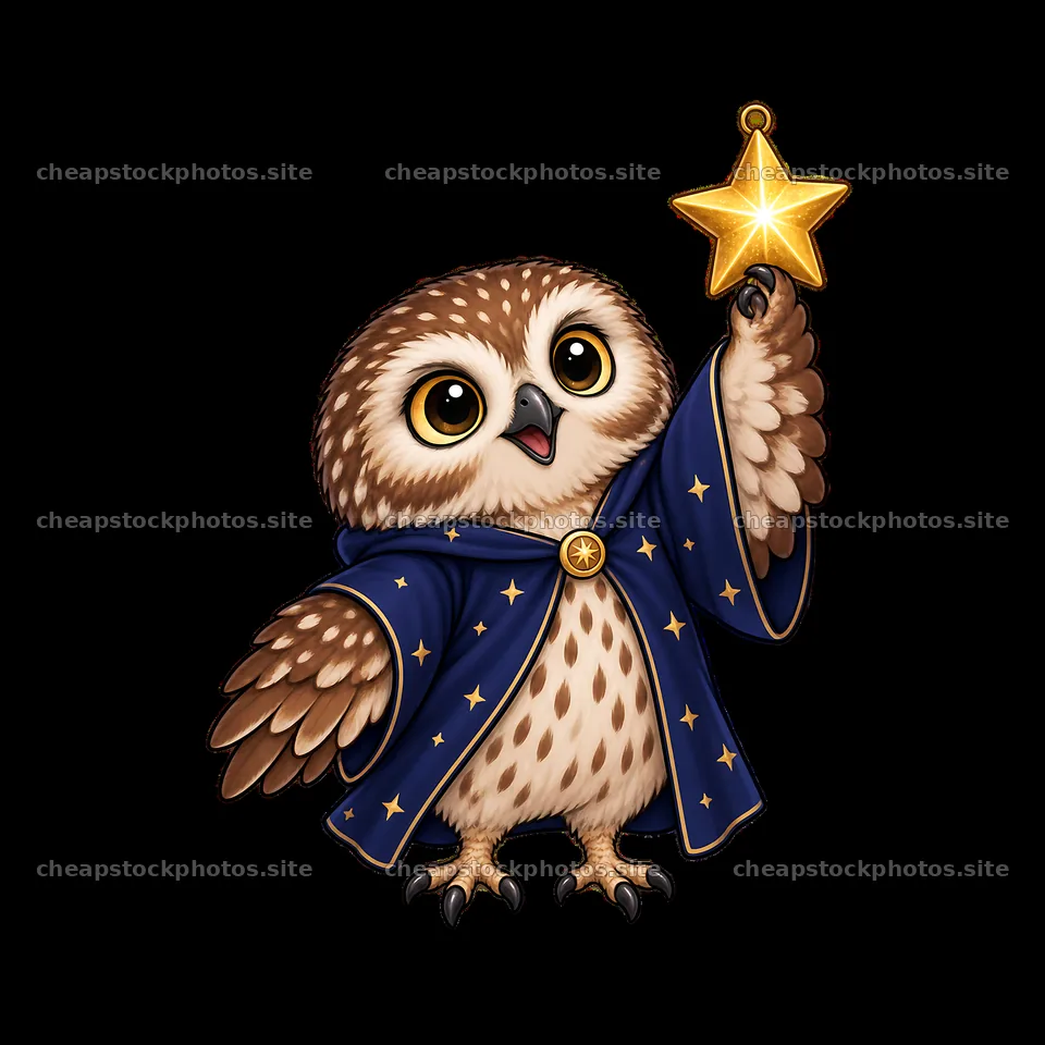 Christmas owl with star in hand and wizard robe – stock photos 7746x7746