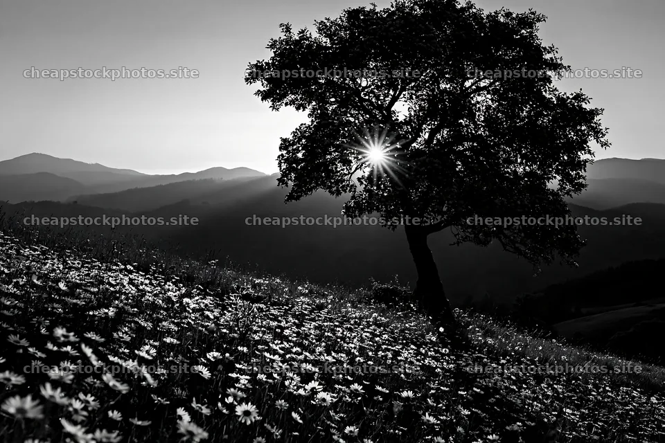 Sunrise over hay meadows in Transylvania with a tree – stock photos 9722x6480