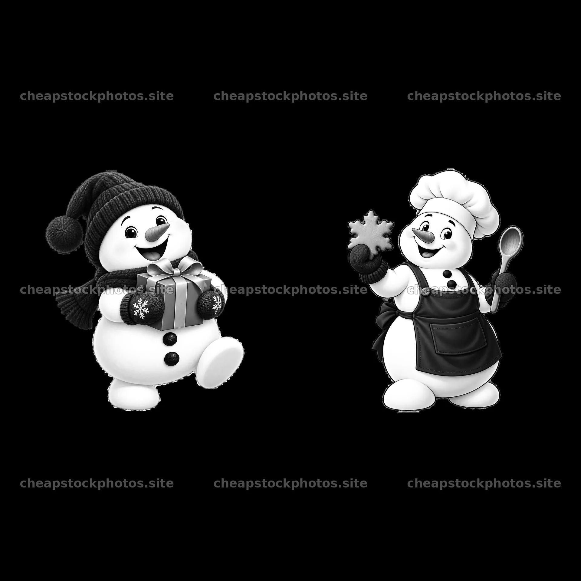 Christmas snowman with gift and snowman chef holding a cookie – stock photos 7746x7746