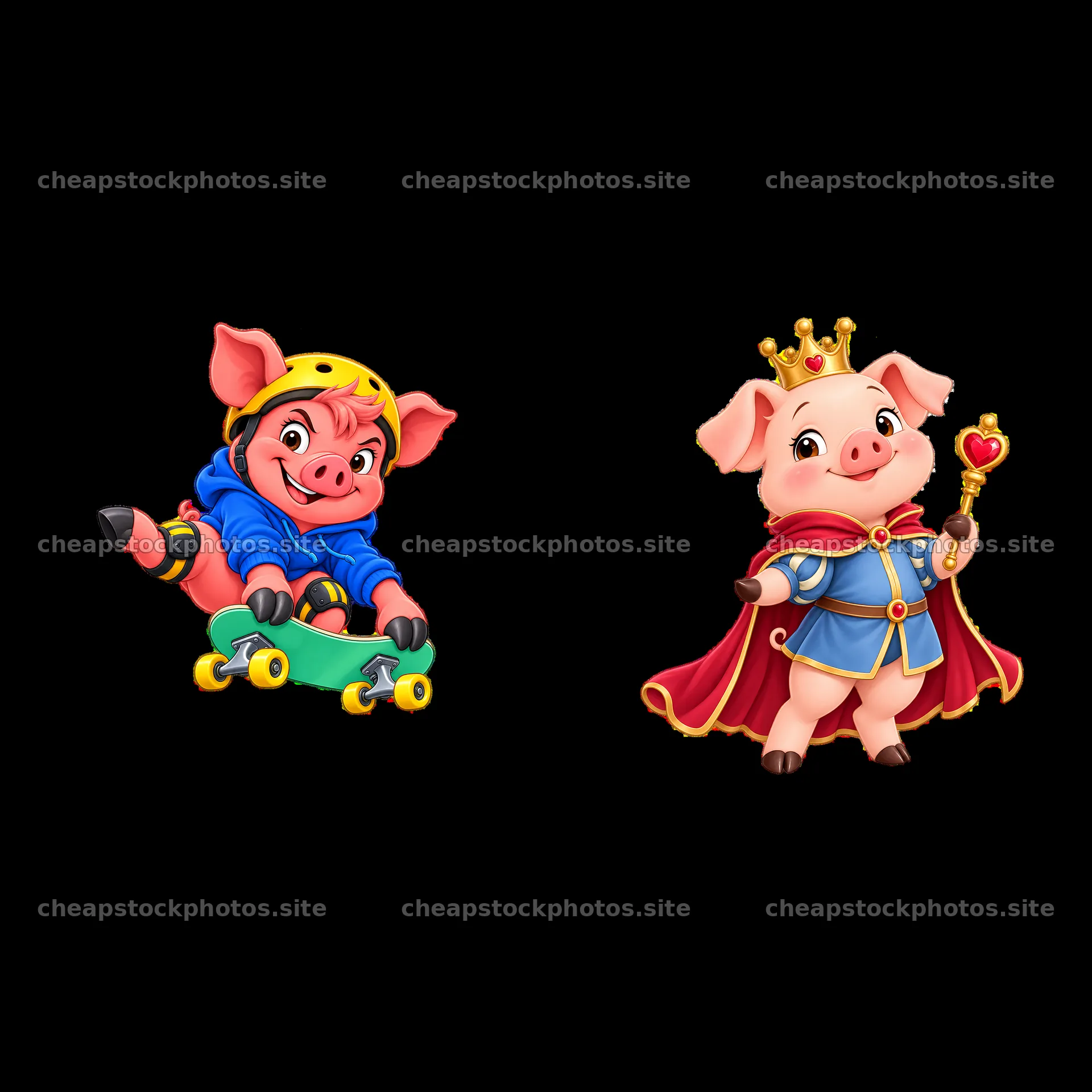 Skateboarding pig and royal pig in colorful cartoon style – stock photos 7746x7746