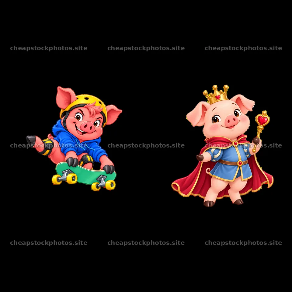 Skateboarding pig and royal pig in colorful cartoon style – stock photos 7746x7746
