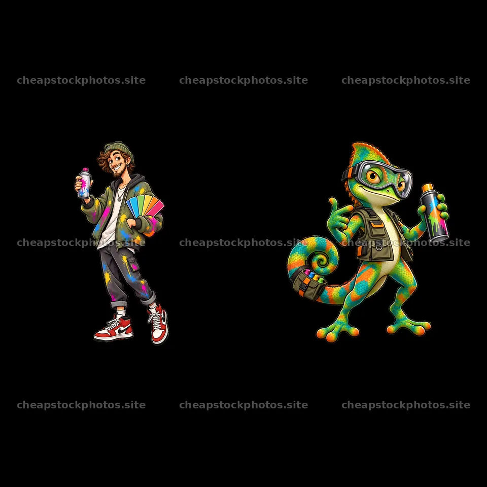Graffiti artist and chameleon holding spray paint cans – stock photos 7746x7746