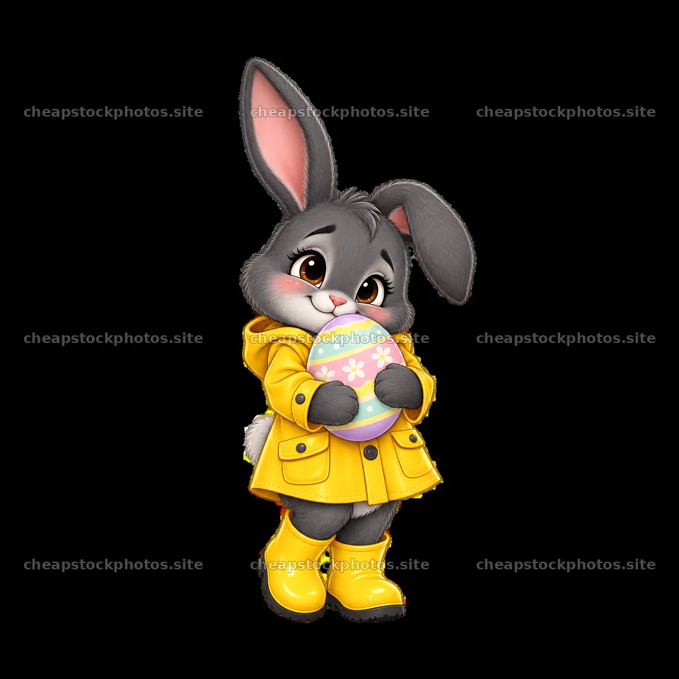 Cute cartoon bunny with an Easter egg in a yellow raincoat – stock photos 7746x7746