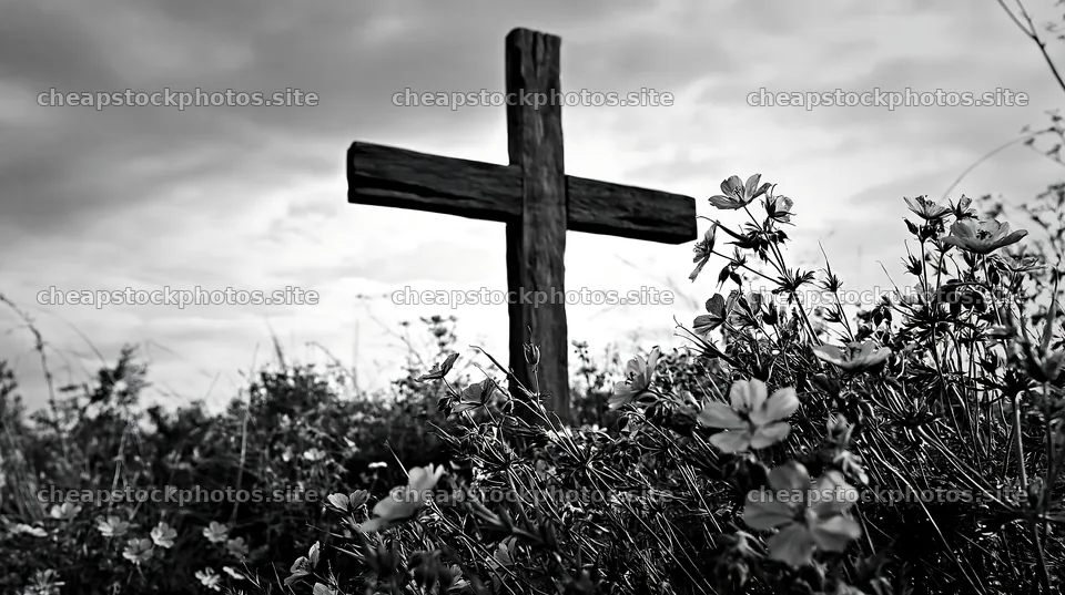 Handcrafted Christian cross in a Christmas meadow – stock photos 10608x5938