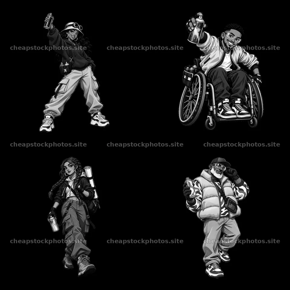 Four graffiti artists in streetwear holding spray cans – stock photos 7746x7746