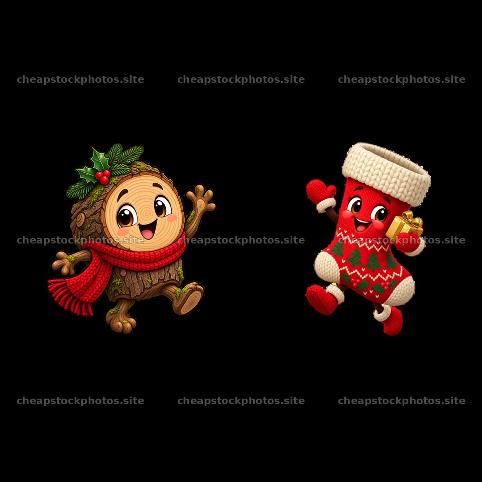 Cheerful cartoon characters celebrating Christmas near fireplace – stock photos 7746x7746