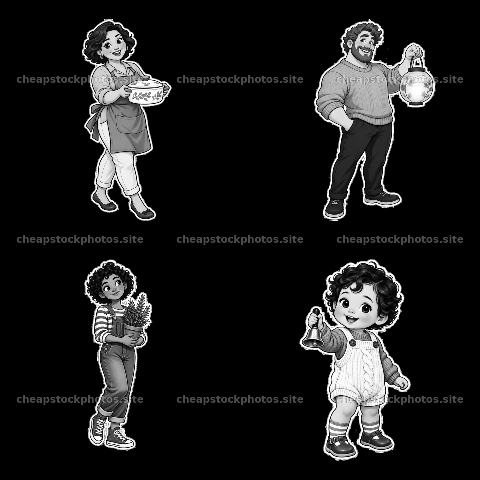 Cartoon family members engaging in daily activities – stock photos 7746x7746