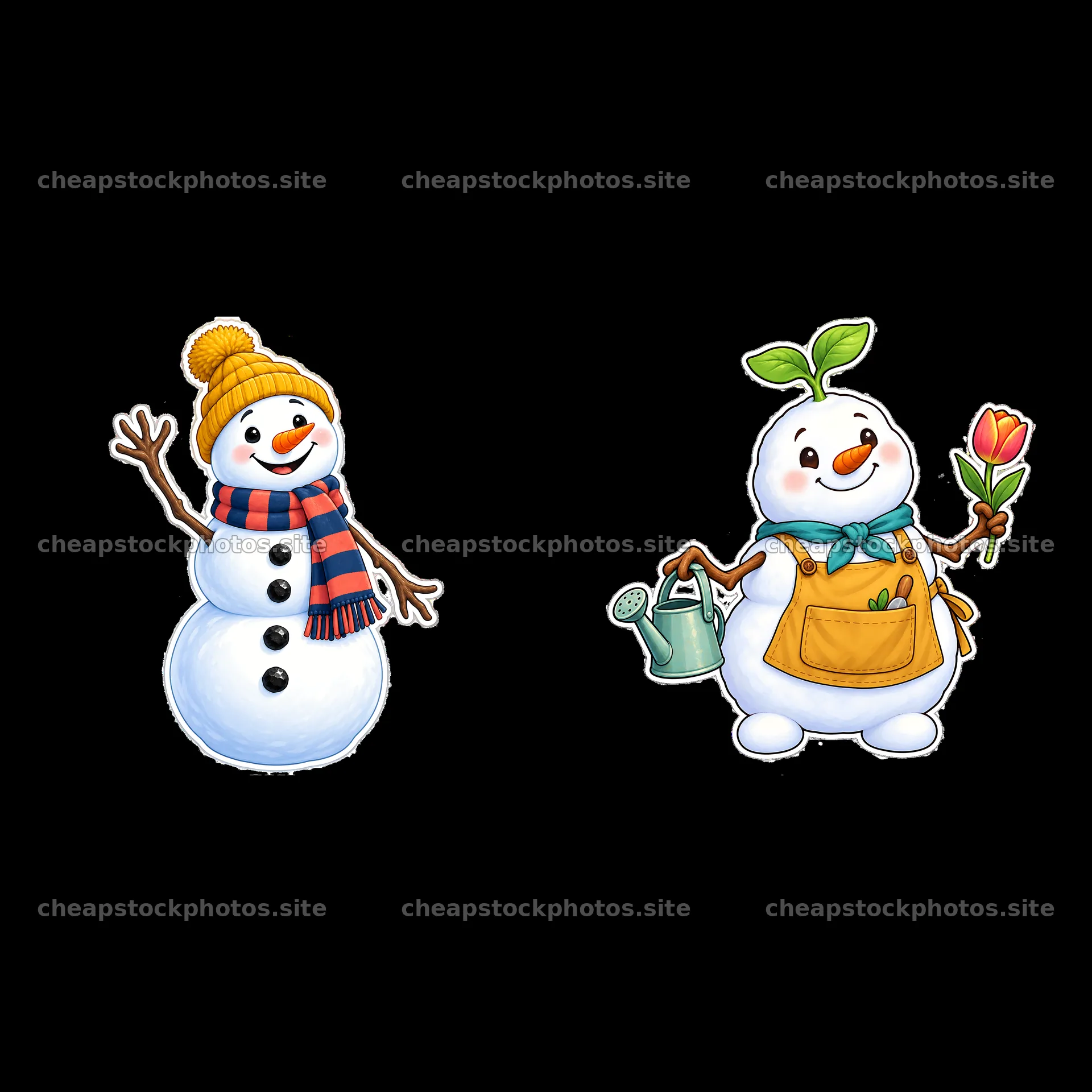 Snowmen with accessories, one watering flowers, one in a hat – stock photos 7746x7746