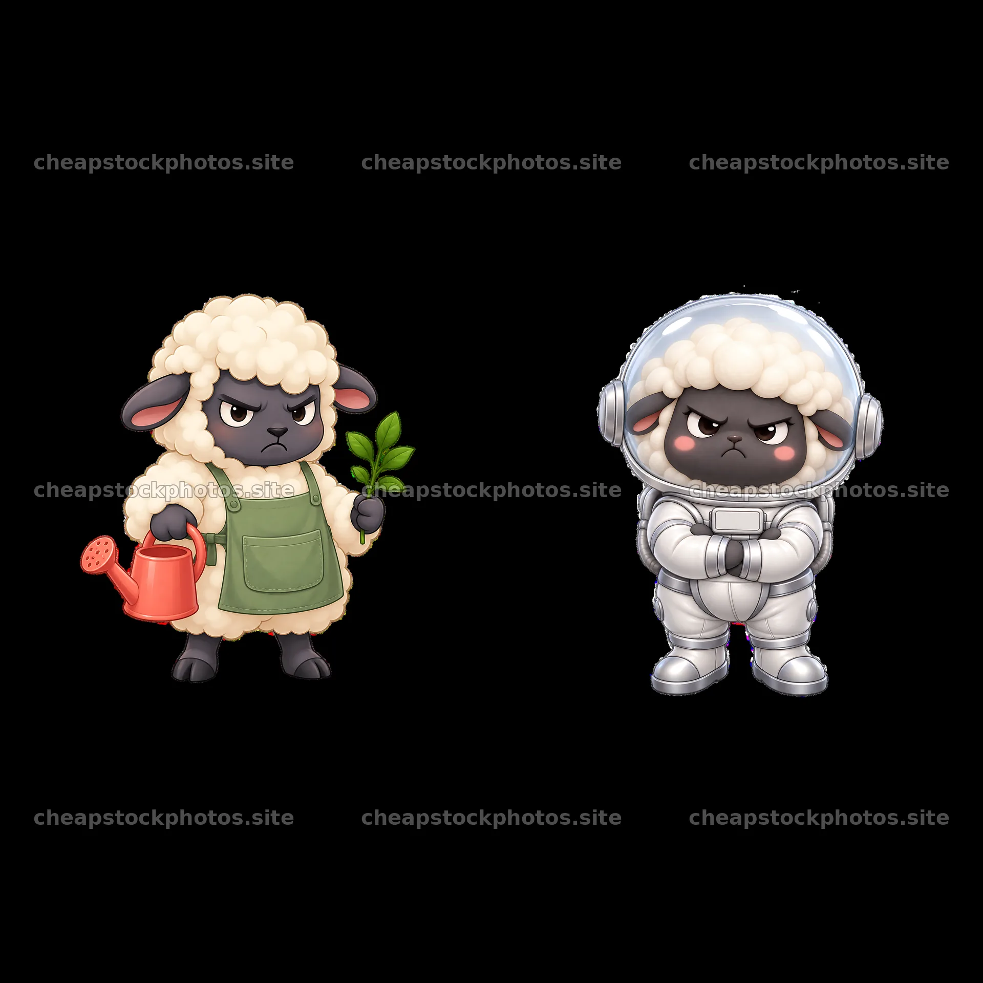 Kawaii grumpy sheep gardener and astronaut character stickers – stock photos 7746x7746