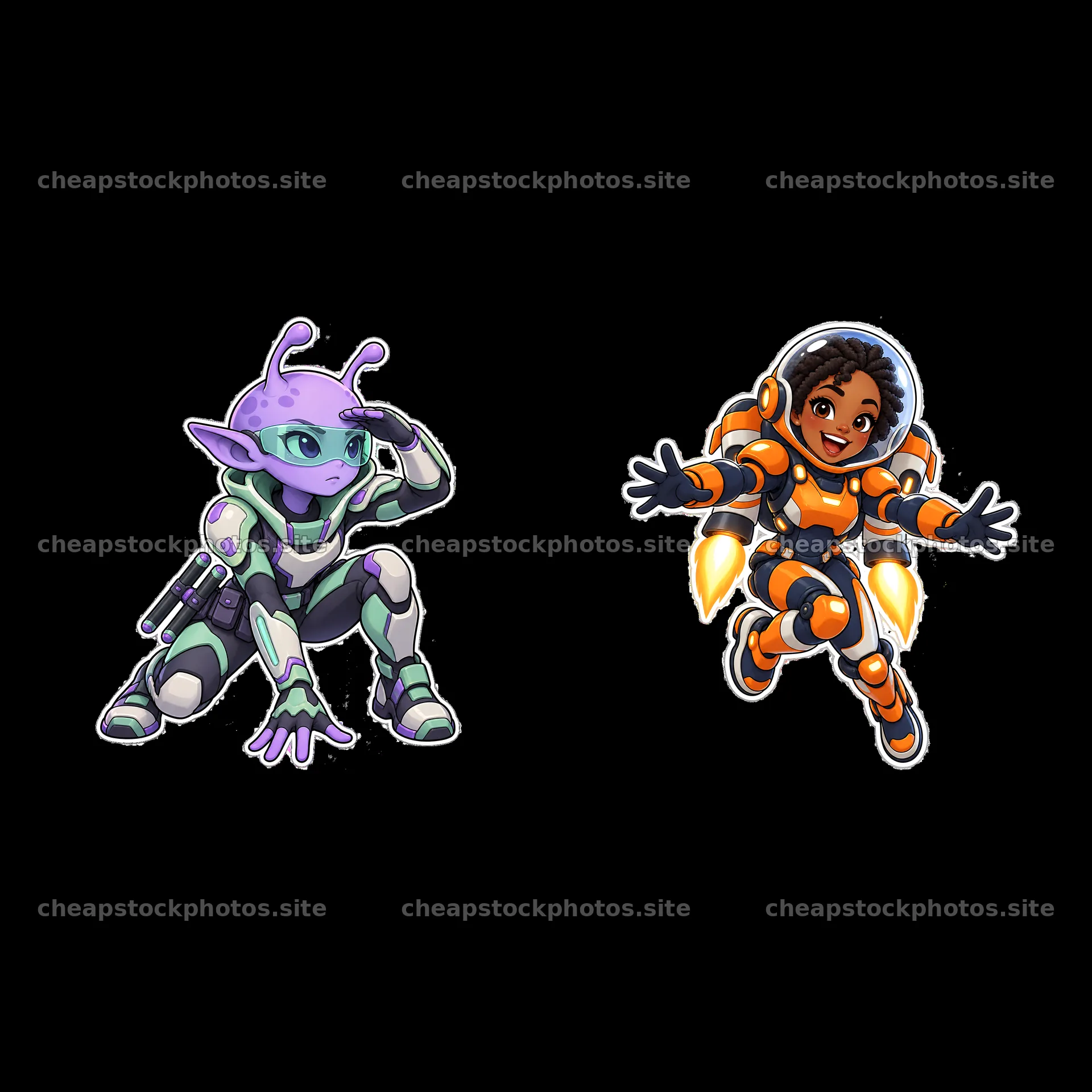 Kawaii futuristic super-soldier duo in action pose – stock photos 7746x7746