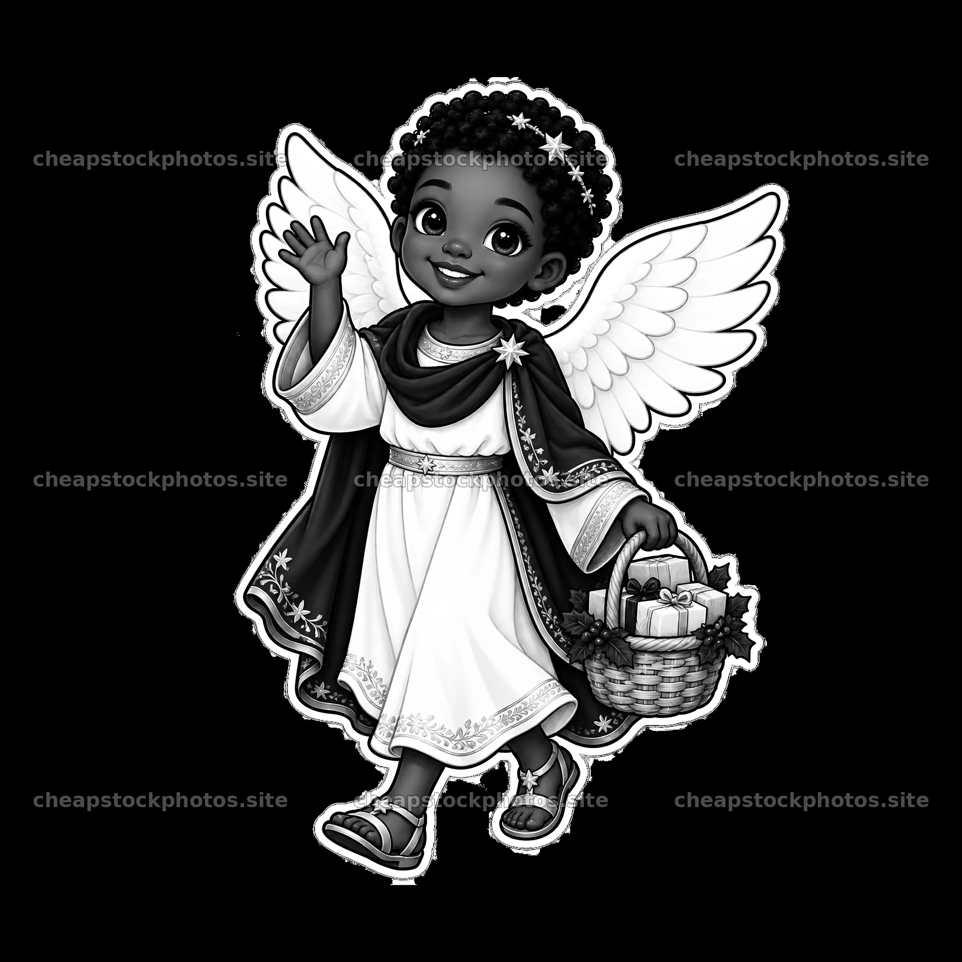 Christkind with basket delivering gifts in black and white – stock photos 7746x7746