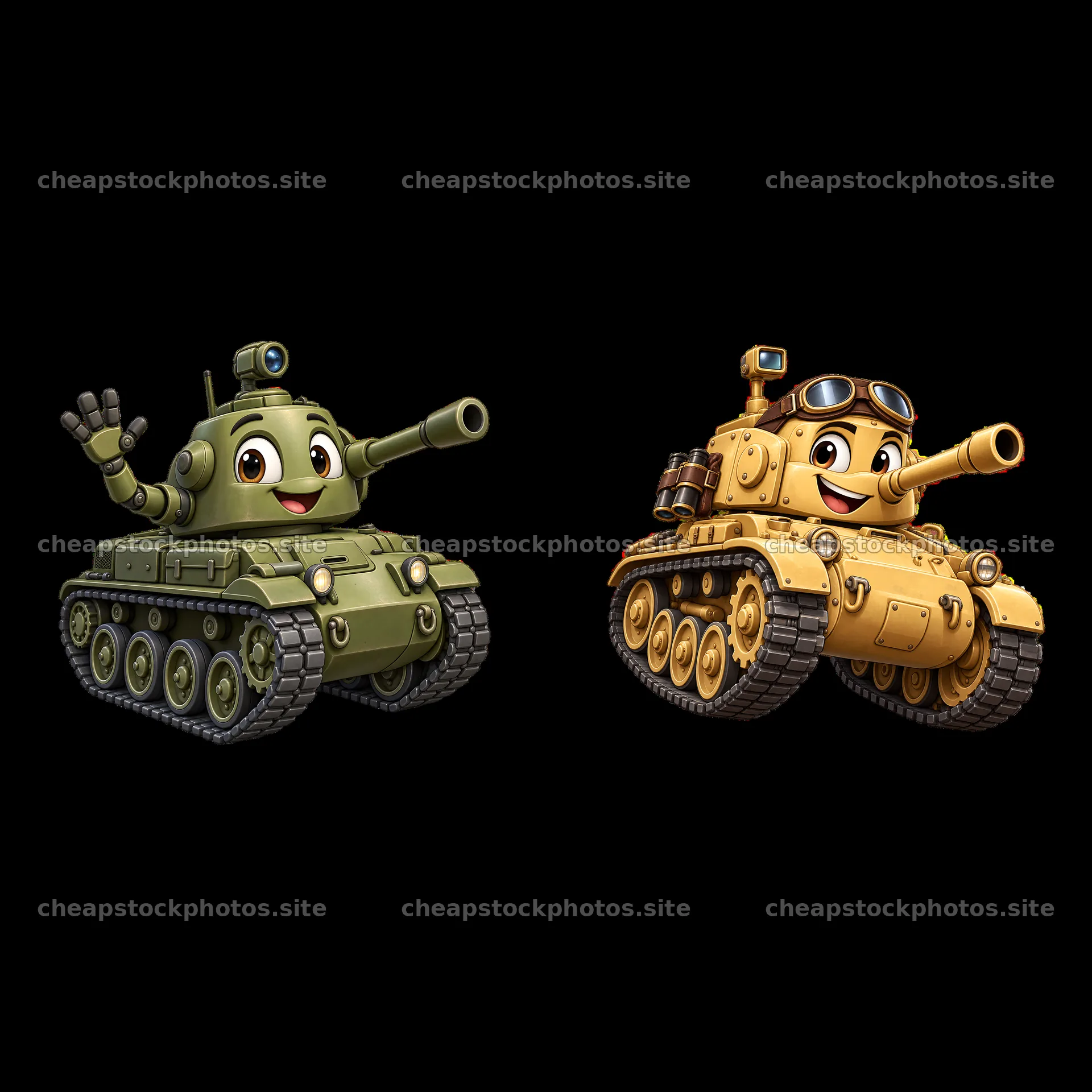 Cartoon tanks with friendly faces waving and smiling – stock photos 7746x7746