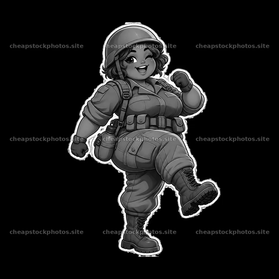 Chubby soldier cartoon sticker with cheerful expression and gear – stock photos 7746x7746