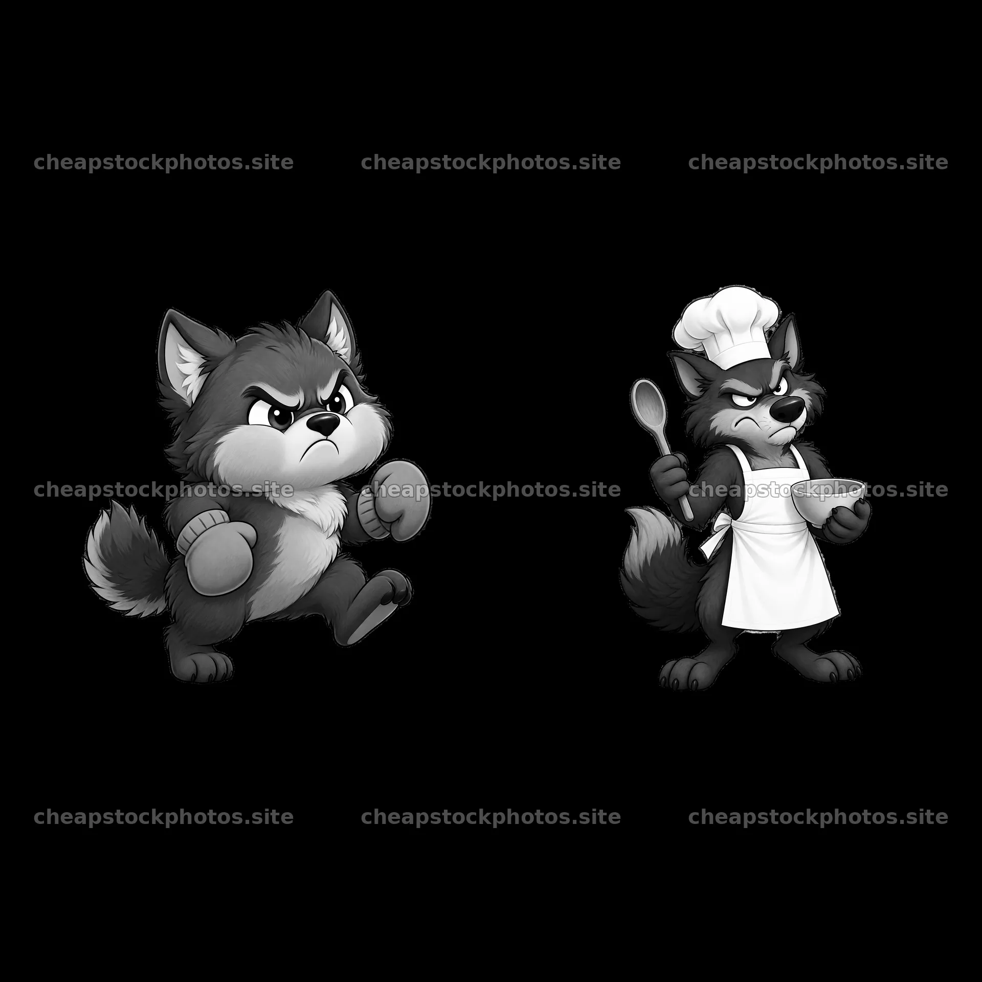 Grumpy wolf character in chef outfit and running pose – stock photos 7746x7746