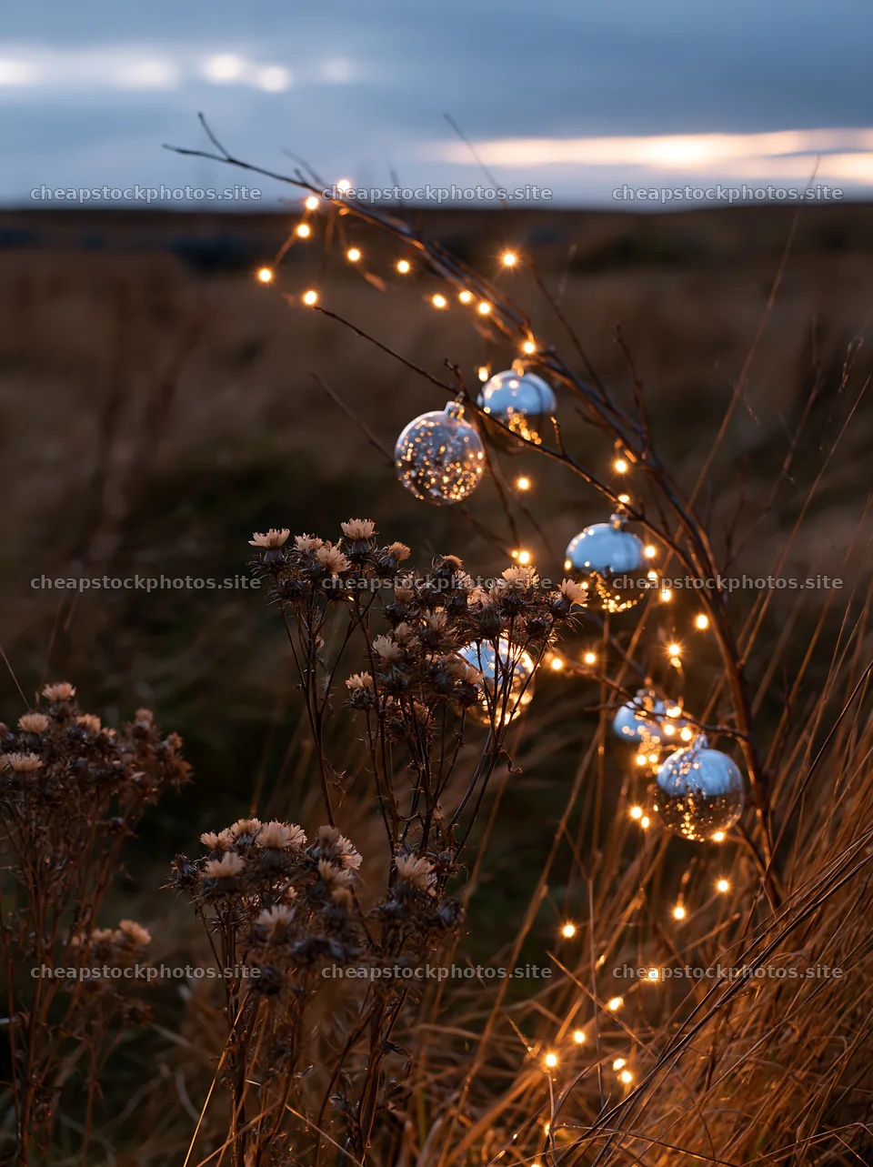 Expansive Christmas meadow with baubles and lights – stock photos 6866x9174