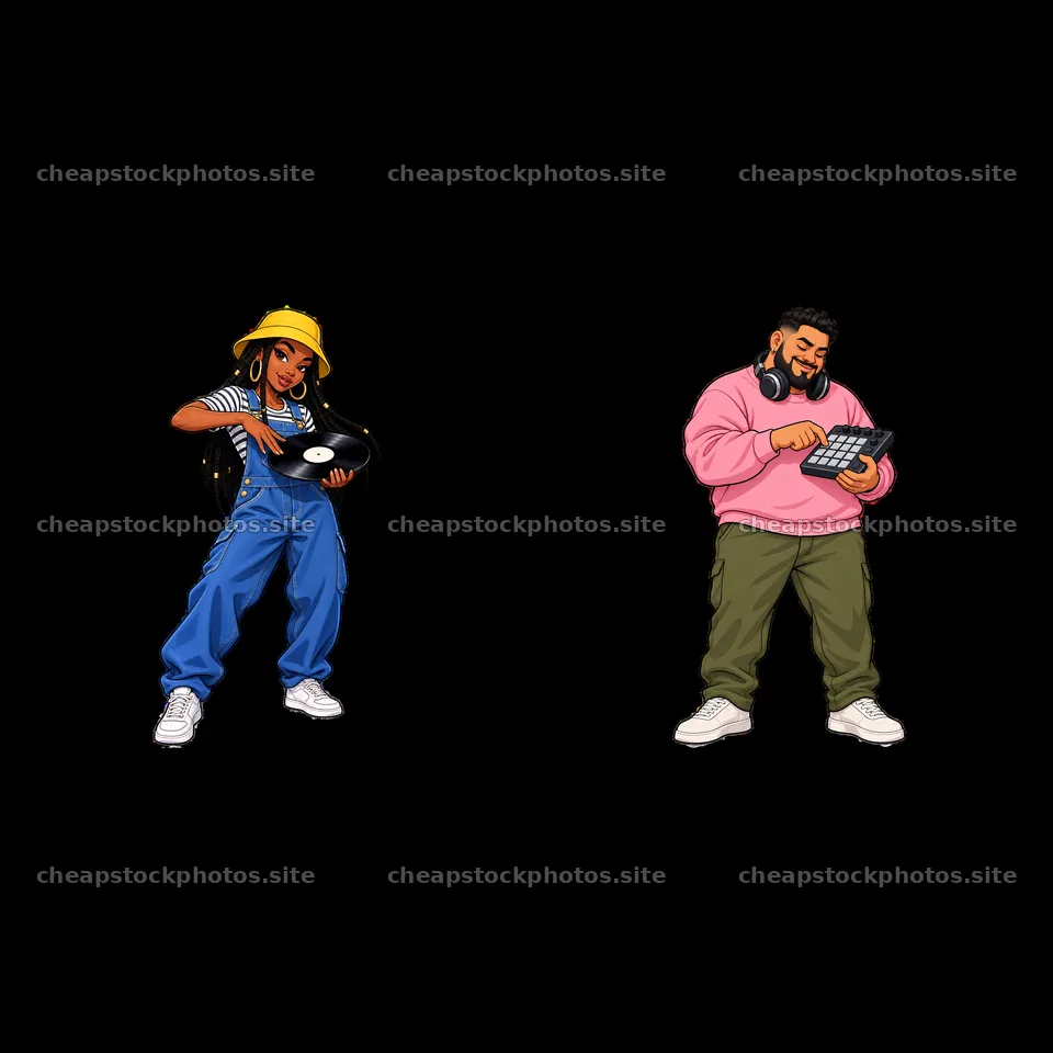Hip-hop artists with turntable and keyboard in urban setting – stock photos 7746x7746