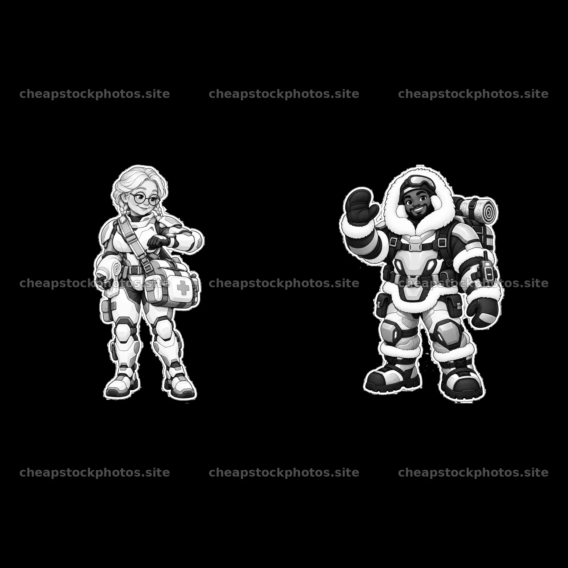 Kawaii futuristic super-soldier couple with accessories in monochrome – stock photos 7746x7746