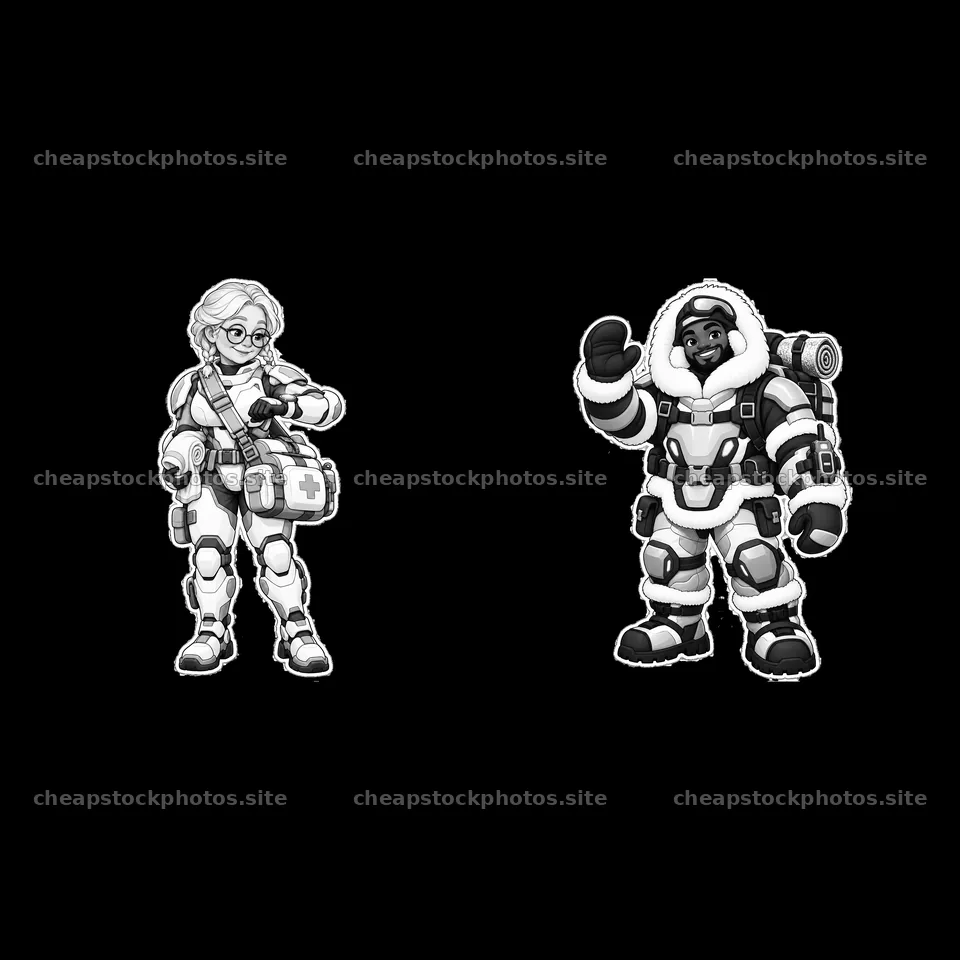 Kawaii futuristic super-soldier couple with accessories in monochrome – stock photos 7746x7746