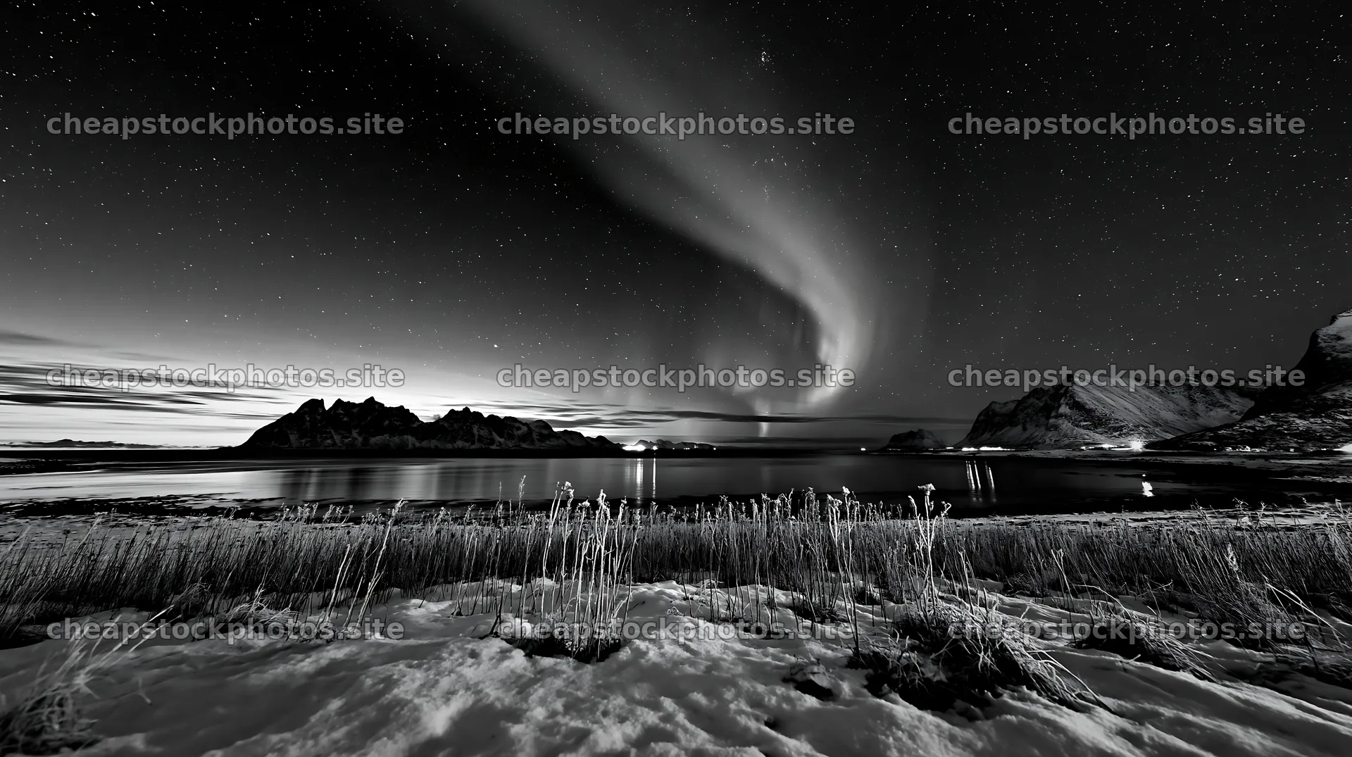 Lofoten winter snow landscape with northern lights display – stock photos 10608x5938
