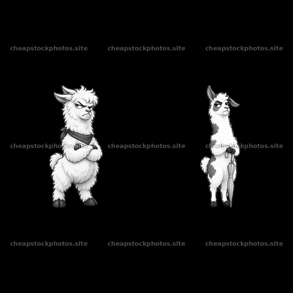 Grumpy llama characters with arms crossed and holding an umbrella – stock photos 7746x7746