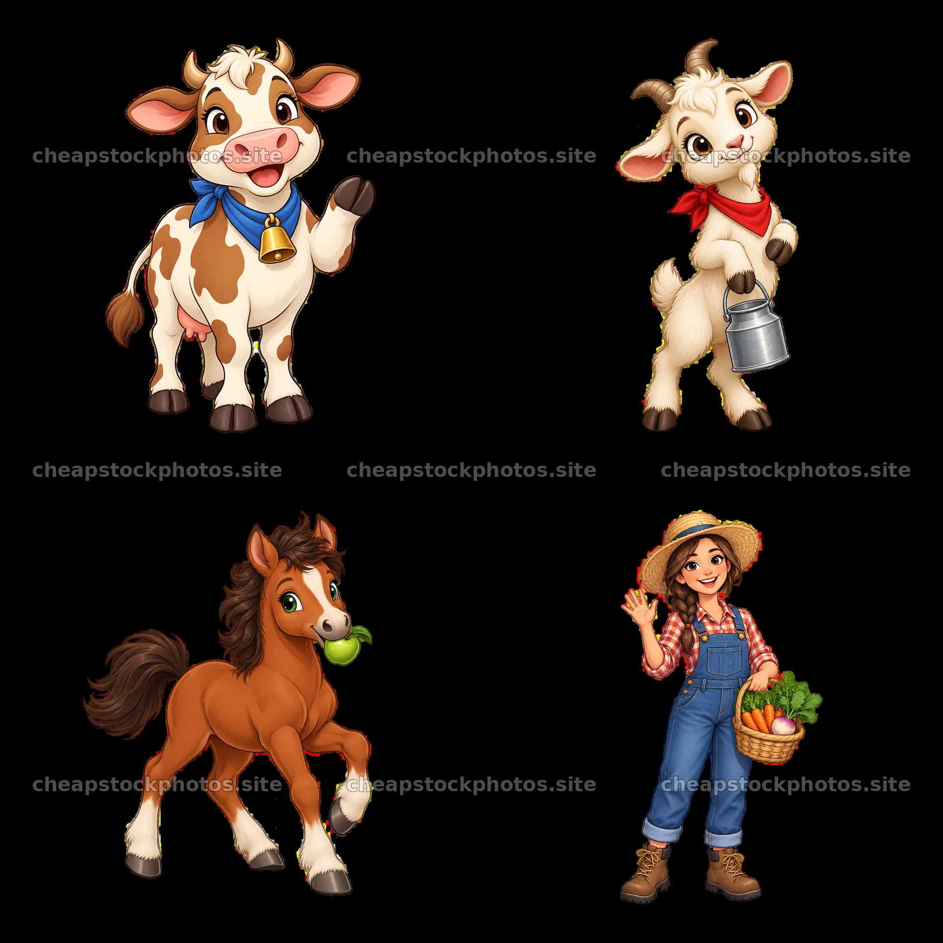 Cartoon farm animal and girl sticker set with cow, goat, horse – stock photos 7746x7746