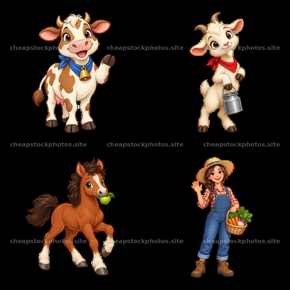 Cartoon farm animal and girl sticker set with cow, goat, horse – stock photos 7746x7746