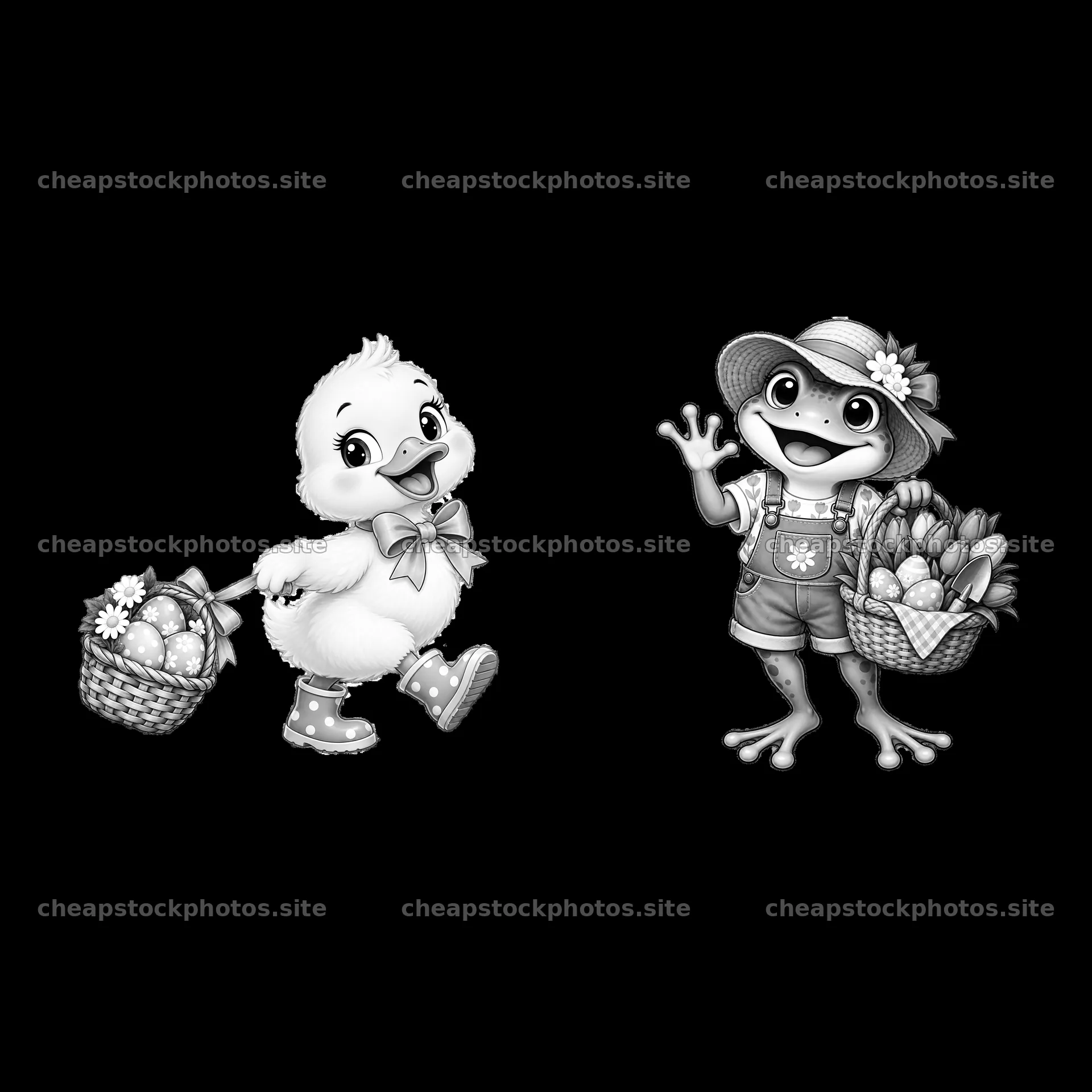 Duck and frog characters with baskets in Easter celebration scene – stock photos 7746x7746