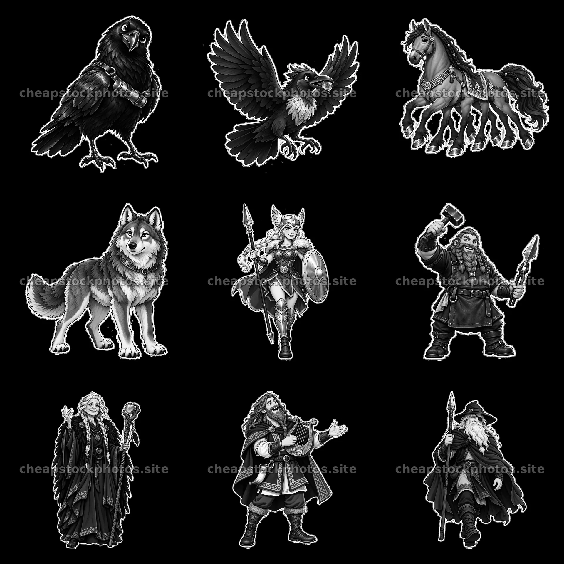 Odin the Norse All-Father with companions in black-and-white stickers – stock photos 7746x7746