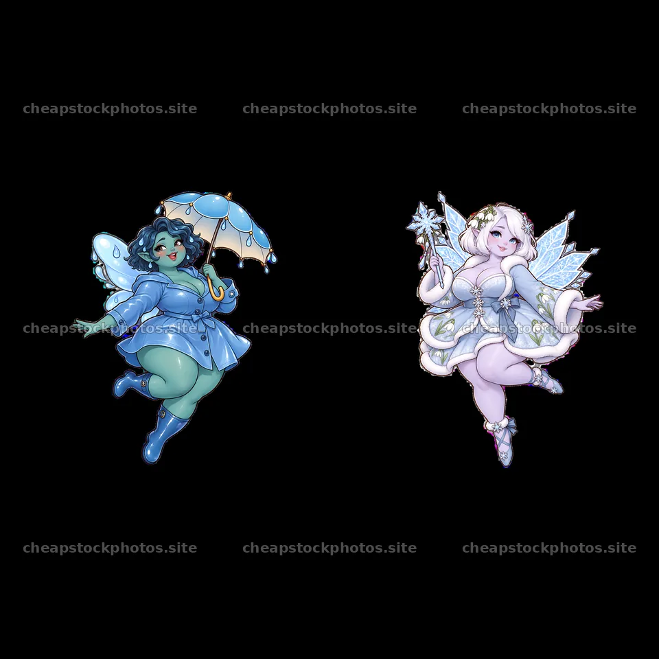 Fat kawaii fairies with umbrellas and wands in playful colors – stock photos 7746x7746
